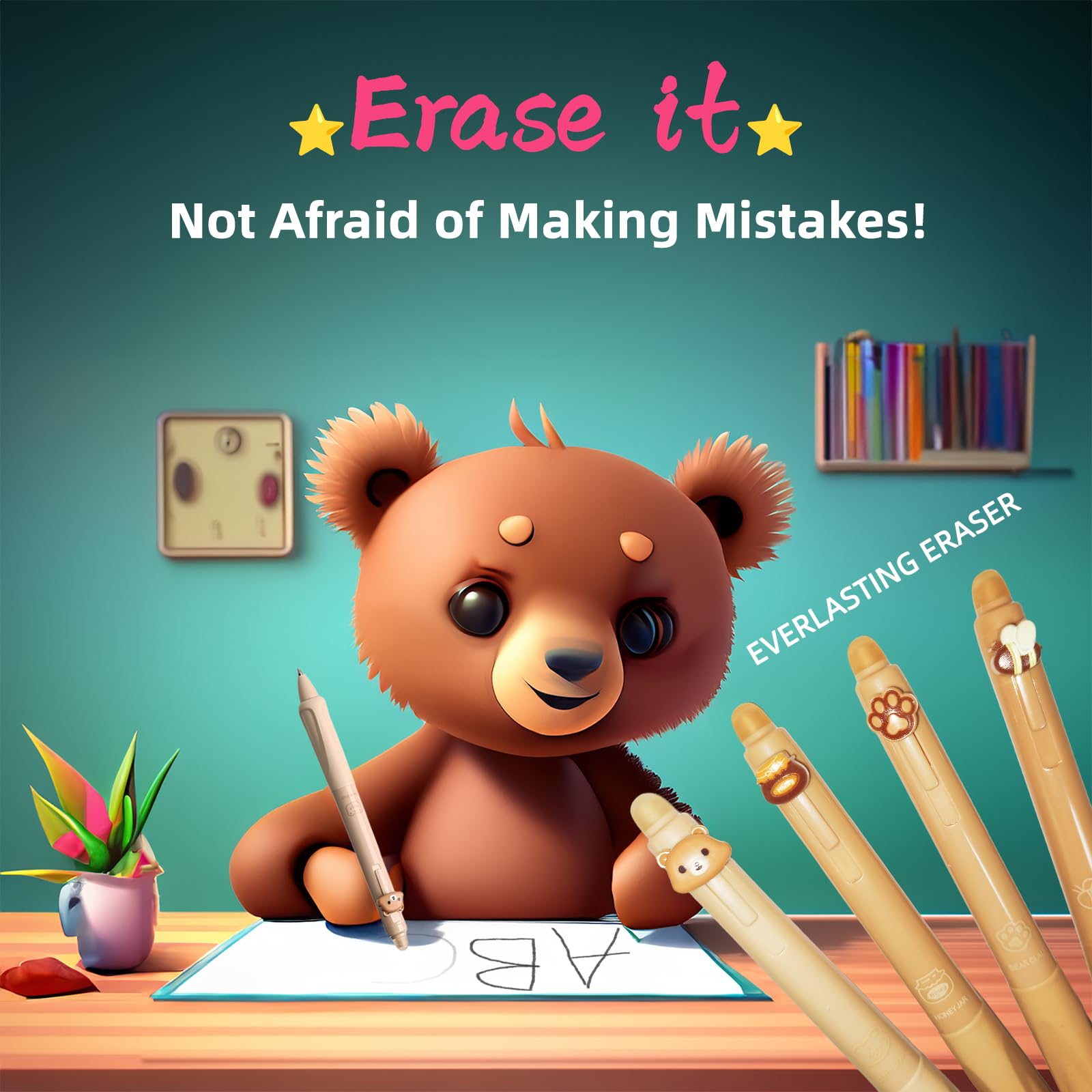 Erasable Ballpoint Pen 4 Pack Bear Bee Paw Honey Jar Grey Black Ink 0.5mm Tip Ink Removal Ball Pen - Image 4