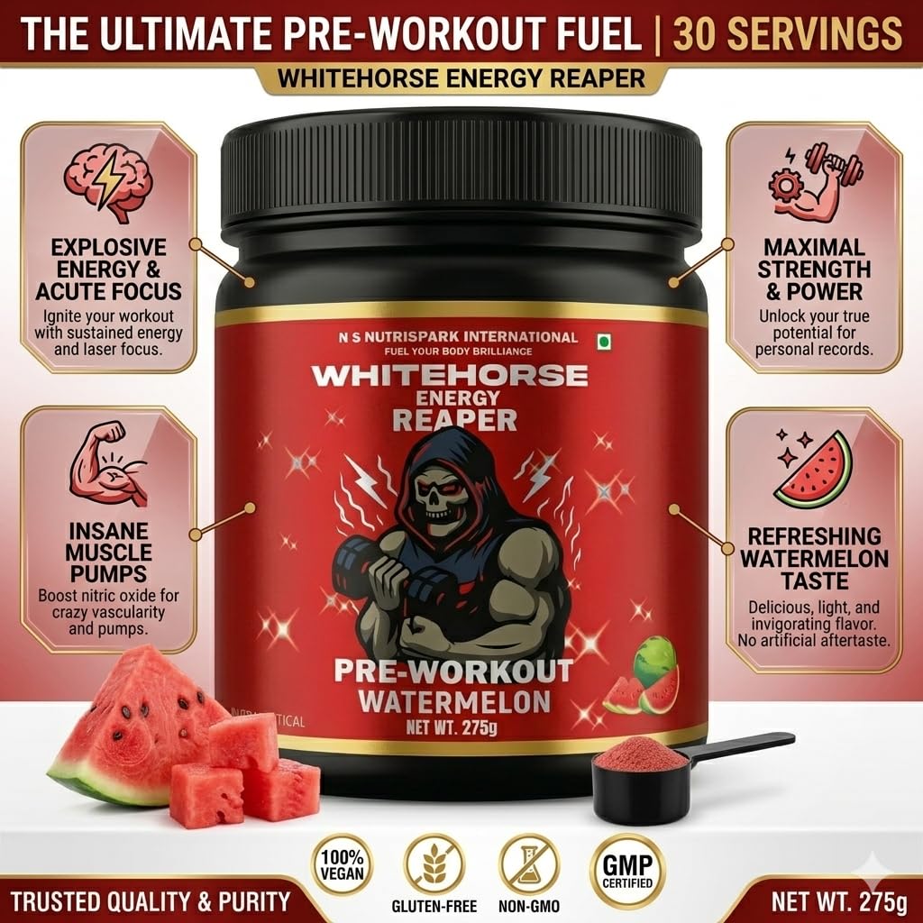 NutriSpark White Horse- Pre work out Workout Supplement with Creatine HCl, Beta-Alanine, Glutamine - Energy and Muscle Management, Unisex-Watermelon 275gm 3