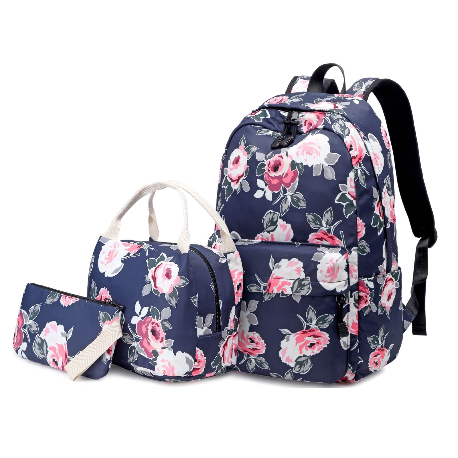 Set Sac à Dos Scolaire Fille + Sac à Lunch + Trousse - Style Bohème - Toile Coton - 3 Pièces