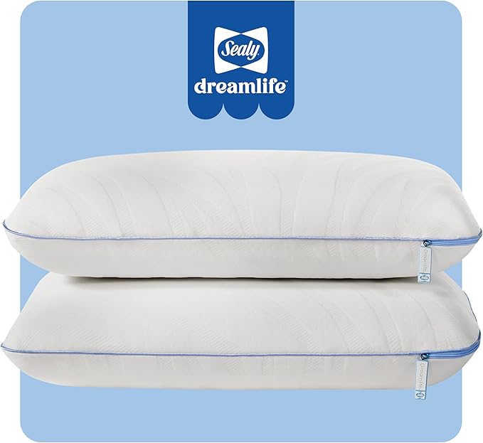 Sealy Dreamlife Queen Size Memory Foam Cooling Pillow with Surface Guard Technology, Removable Machine-Washable Cover, 1 Year Limited Warranty, White (2 Pack)