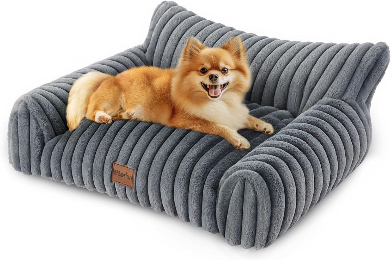 Eterish Cute Dog Couch, Fluffy Pet Couch with Soft Corduroy Fleece, Fuzzy Pet Sofa with Removable Washable Cover, Supportive Dog Bed for Small Medium Dogs with Non-Slip Bottom, 30inch, Grey