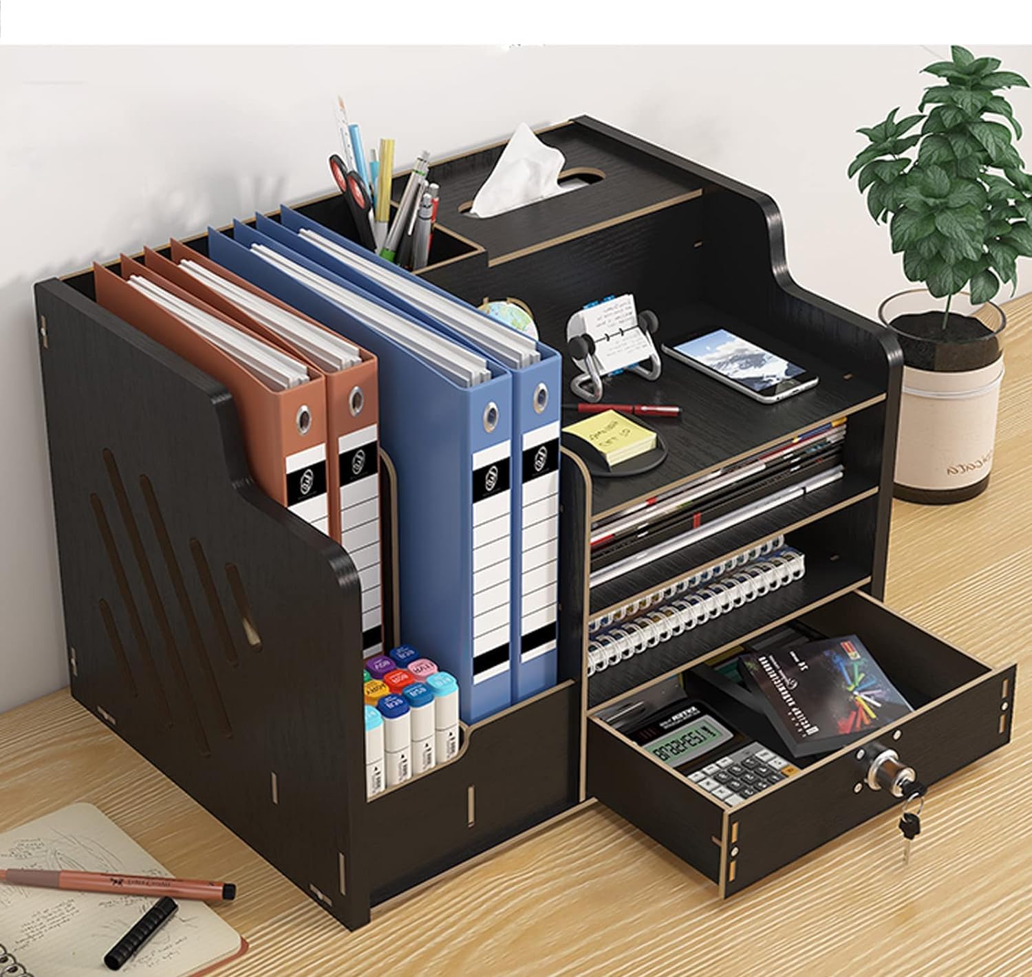Organiseur de Bureau, SucceBuy Organiseur de Documents en Bois, Trieur de Dossiers Réglable, 12 Compartiments, Marron