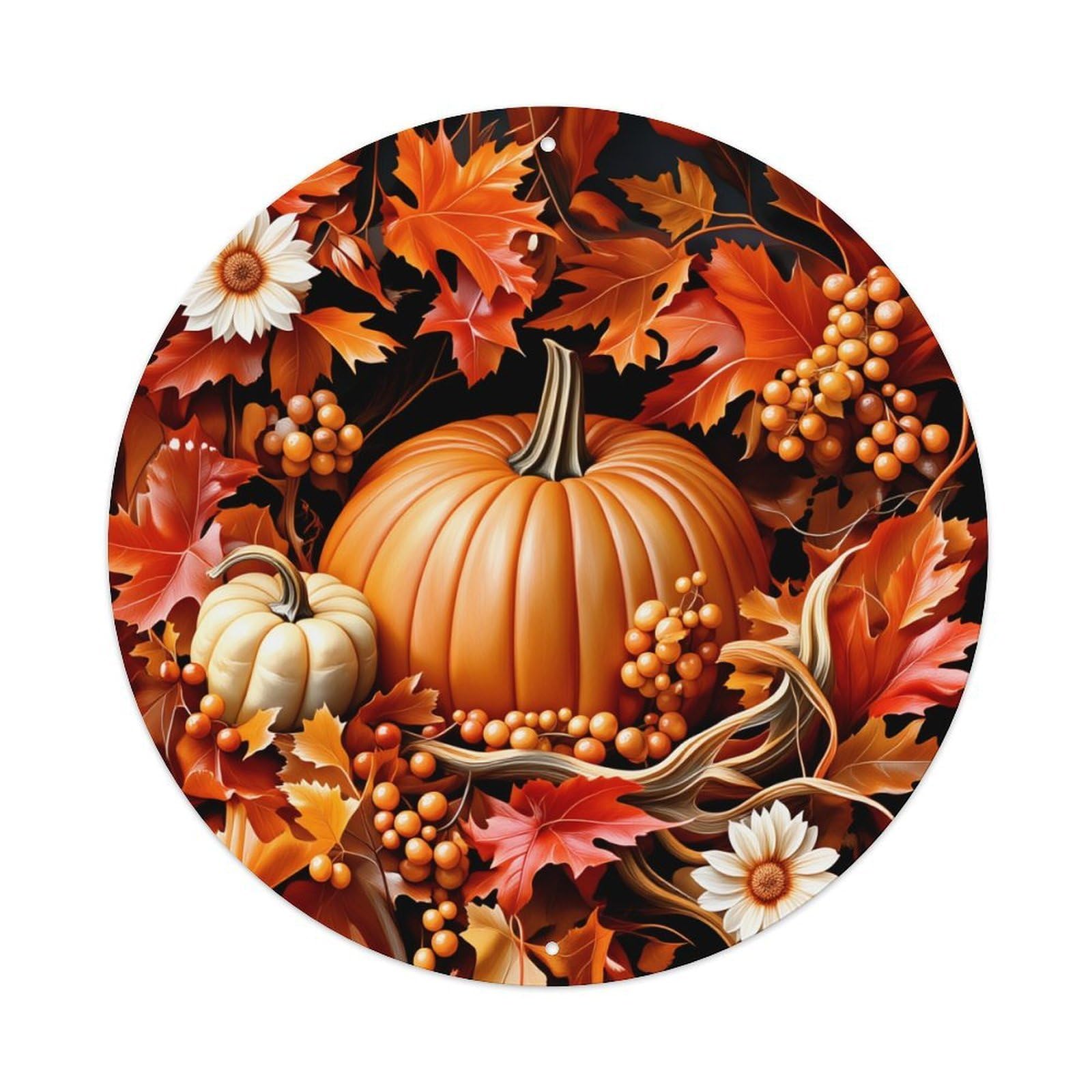 Autumn Leaves Pumpkins Berries Flowers Round Tin Sign Vintage Metal Poster, Home Bar Garage Man Cave Cafe Indoor & Outdoor Wall Decoration 8x8Inches