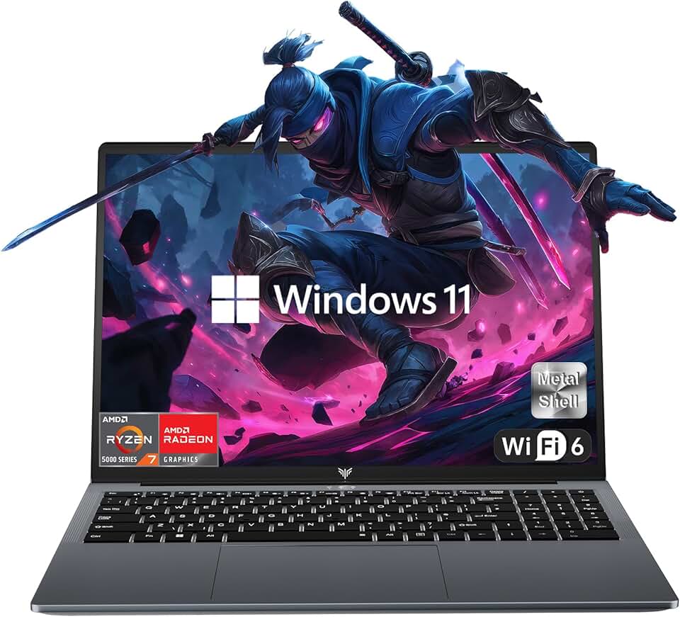 KAIGERR Laptop Amd 2025, 16,0 Polegadas, Com Ryzen 7 Série 5000 (8C/16T, Até 4,3 Ghz), 16 Gb De Ram, Ssd Nvme 512 Gb, Windows 11, Placa Vídeo Radeon Rx Vega 8, Wi-Fi 6, Retroiluminação, Bateria 53 W