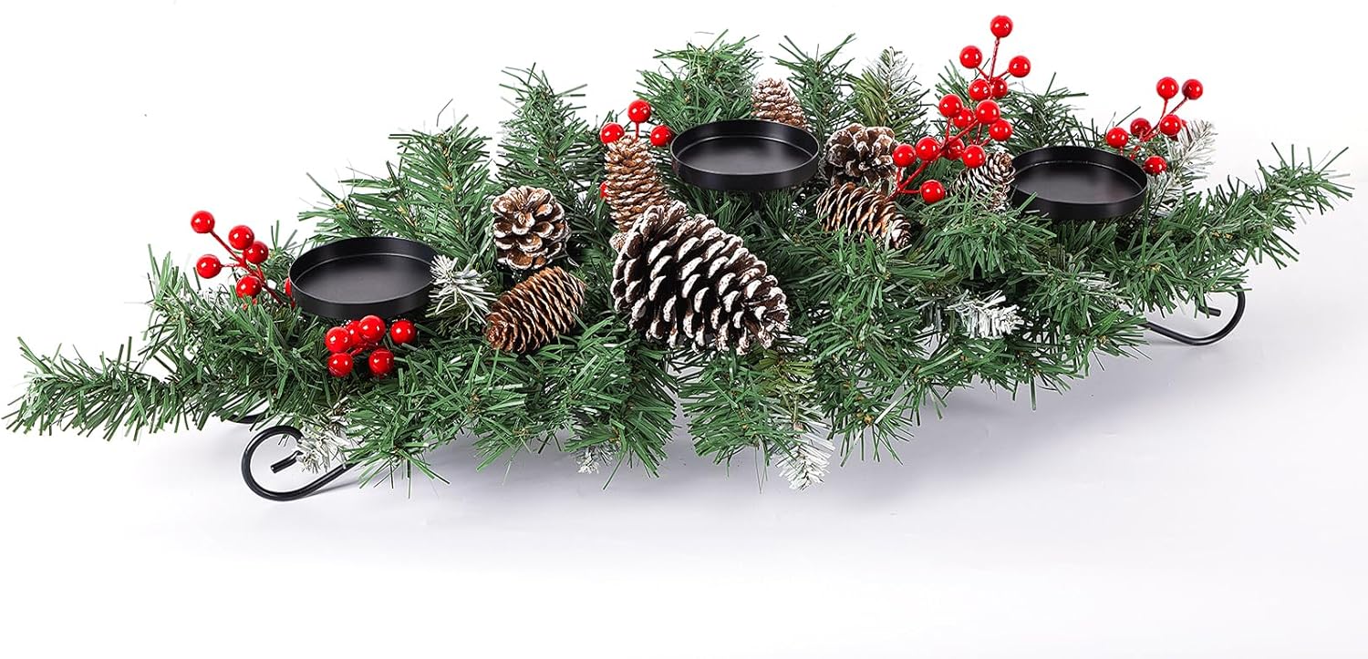 31.5 Christmas Centerpiece with 3 Candle Holders, Artificial Table Decorations with Pine Cones/Red Berries/Steel Base, Christmas Decorations Indoor, Xmas Tabletop Decor for Festival Home Decoration