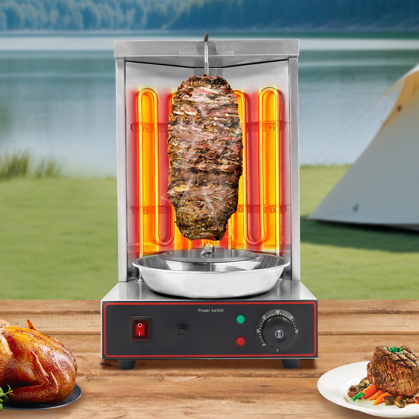 2800–3000 W Elektrischer Edelstahl Döner Grill Vertikalgrill, Multigrill Automatischer Drehgrill Einstellbares Temperatur | 2 Heizrohre | Fettauffangschale | Kontrollleuchten