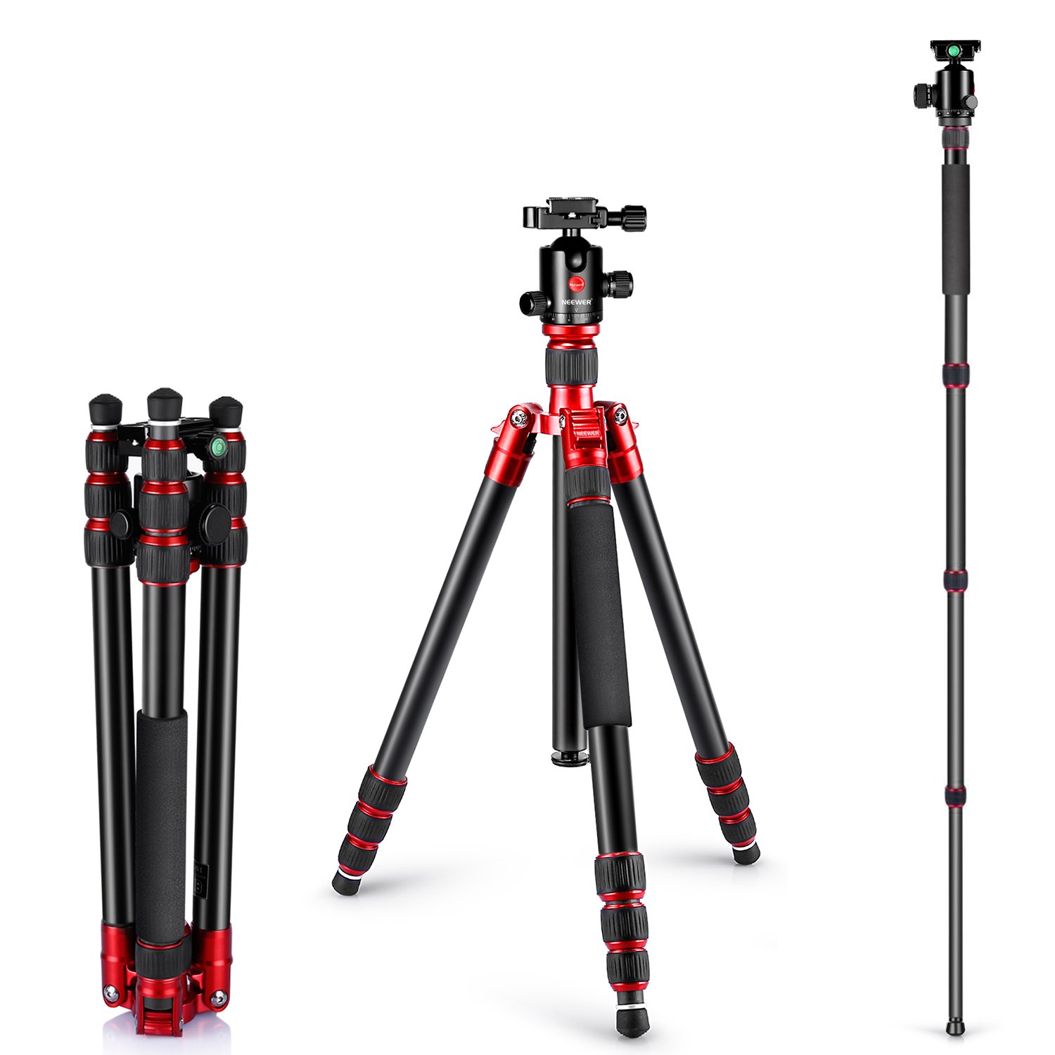 Amazon | NEEWER アルミ合金製三脚一脚 160cm 雲台付き 耐荷重15kg 赤