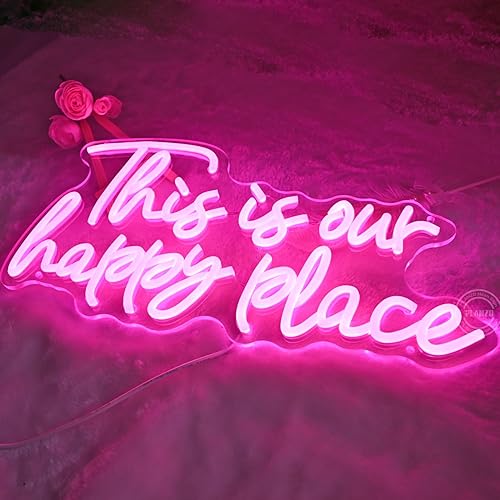 Miniatura 7 de Planzo Letrero de pared de neón con texto en inglés This is Our Happy Place para boda, fiesta, hogar, bar, decoración de dormitorio infantil, regalo