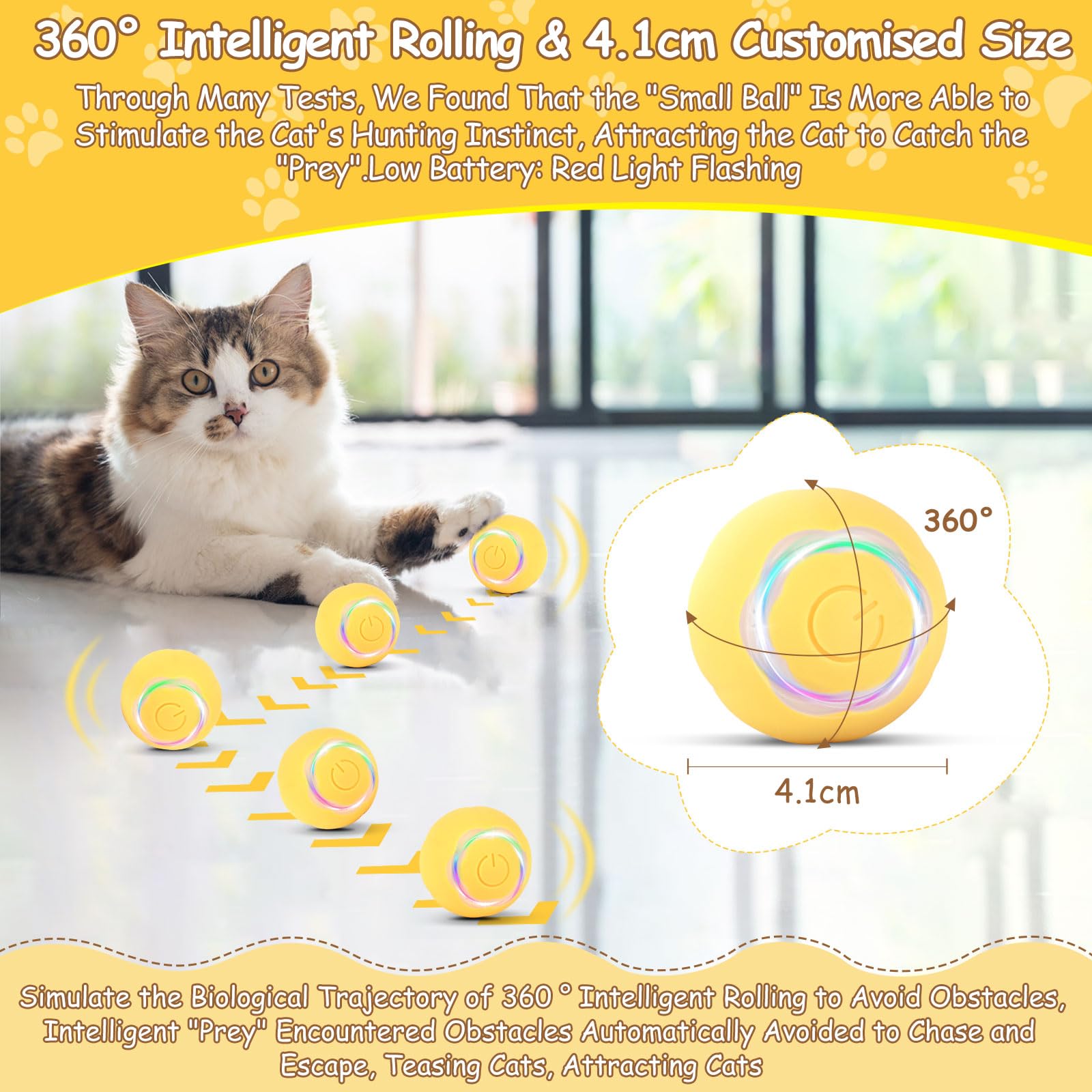 KEWUZY Interactive Cat Toy Ball, USB Charging, 360 Automatic Rotation, Two Modes with LED Light, Yellow, Cat Toy, Ball, Large Breeds 3