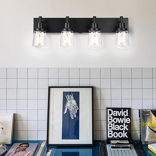 Miniatura 6 de Yaohong Lámparas de tocador negras con 4 pantallas de globo de vidrio transparente, luces de baño sobre espejo