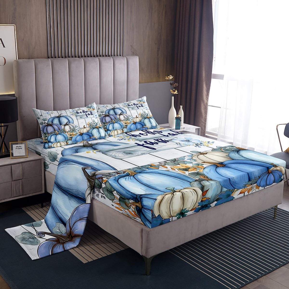 Erosebridal Fall Harvest Pumpkin Bed Sheets Set King Size, Happy Thanksgiving Sheets for Kids Teens Adult Women Bedroom Decor, Rustic Farmhouse Sheet