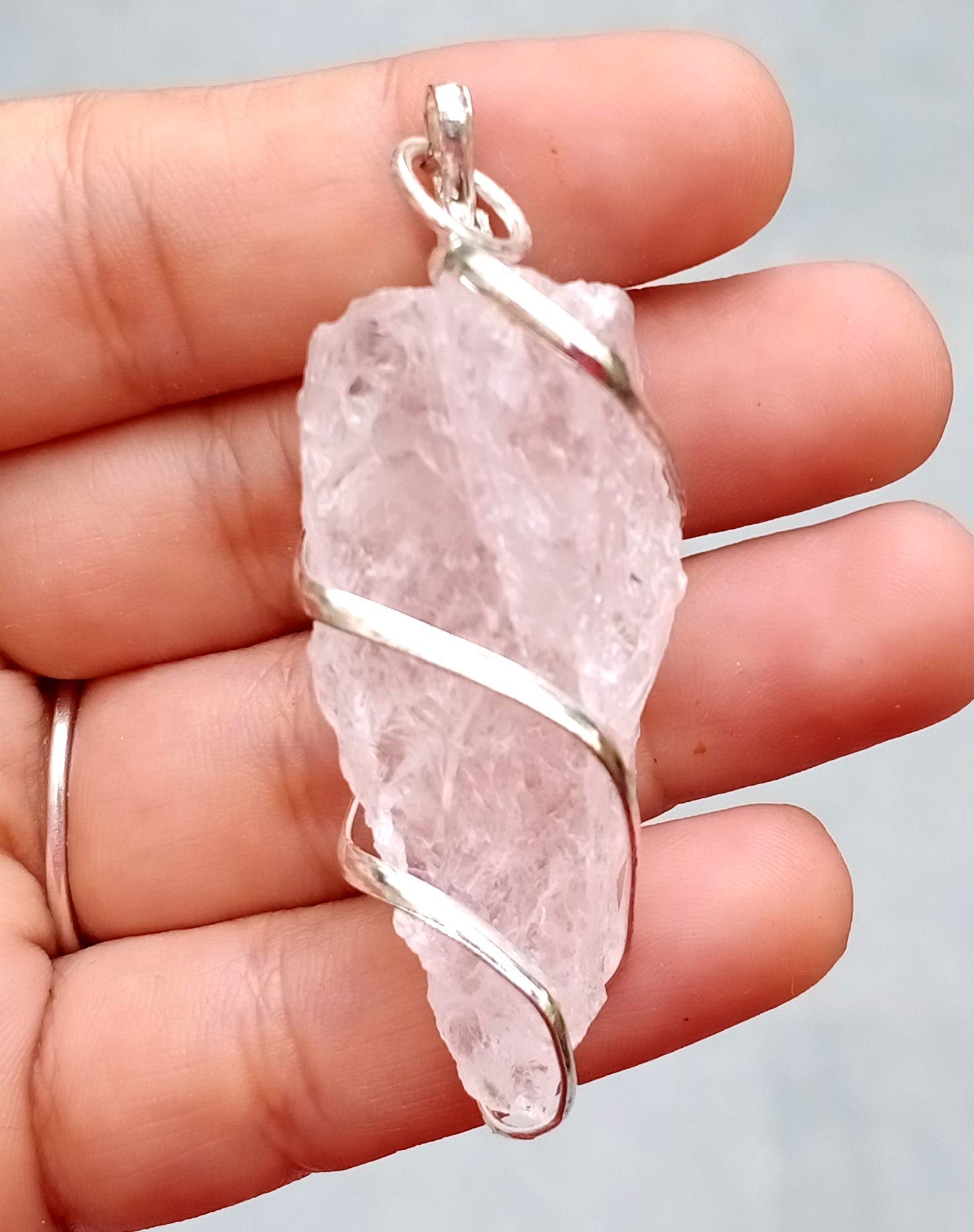 HiJetRough Crystal Quartz Silver Wire Winding Raw Gemstone Spiral Pendant Approx 1-1.5 inch Long Queries Concentration Purification