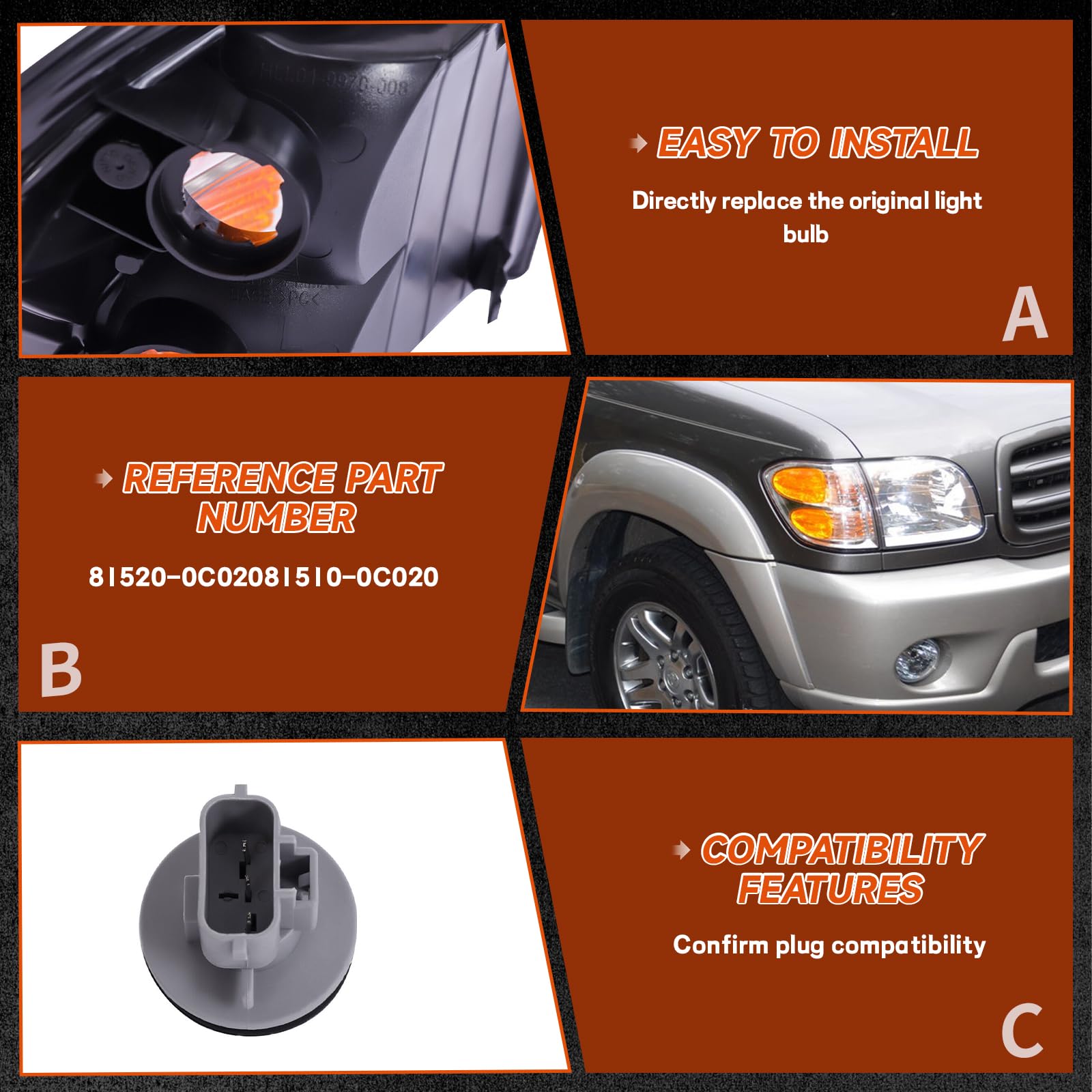 PIAOYUE- For 2001 2002 2003 2004 Toyota Sequoia Tundra Turn Signal Lights Front Left Right Black Housing Yellow+Clear Lens