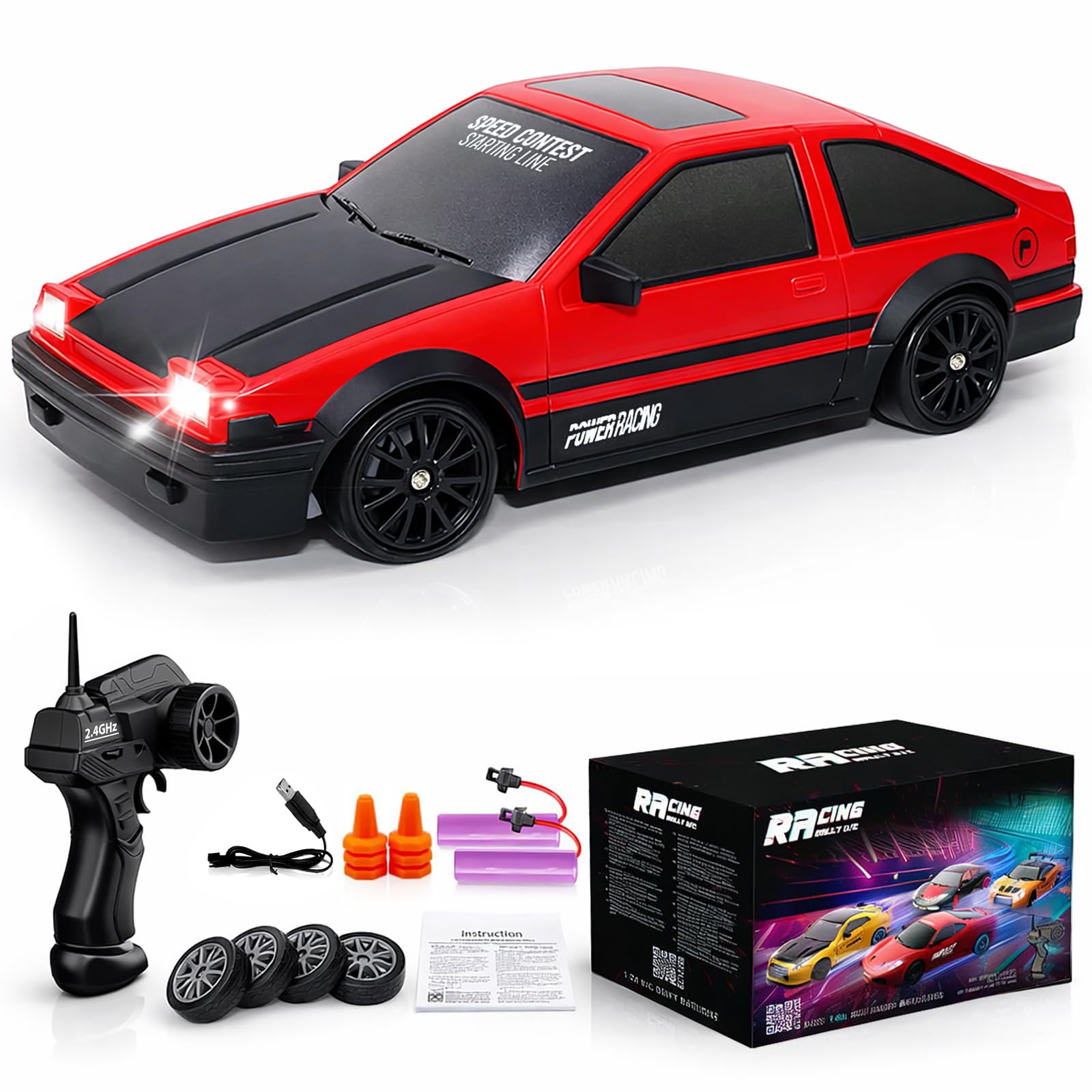 Remote control car rc drift car 2.4ghz 1:24 scale 4wd 15km/h high speed model vehicle with led lights drifting tire racing sport toy car for adults boys girls kids gift 2pcs rechargeable batteries