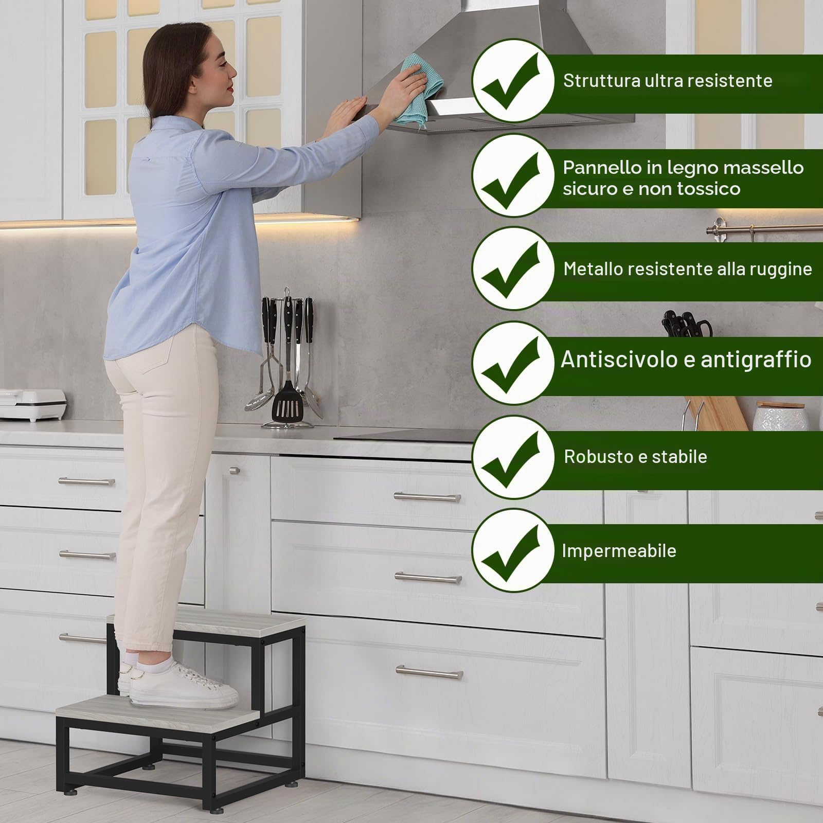 LIANTRAL Scaletta per adulti e bambini, scaletta 2 gradini, in acciaio resistente e robusto legno, supporta fino a 200 kg, sgabello per letto alto, cucina, bagno, grigio