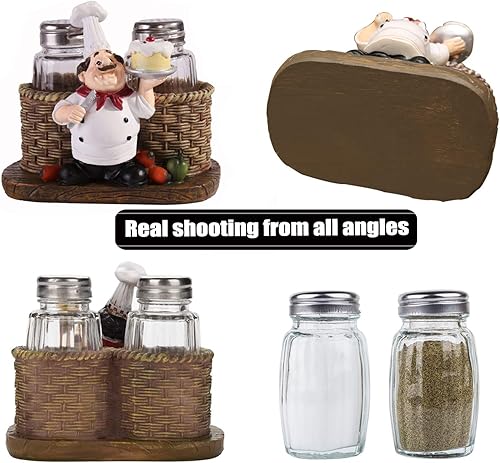 Miniatura 3 de Juego de saleros y pimenteros, estatua decorativa de chef sentado, organizador de especias, tarros de especias de vidrio con soporte, figura de