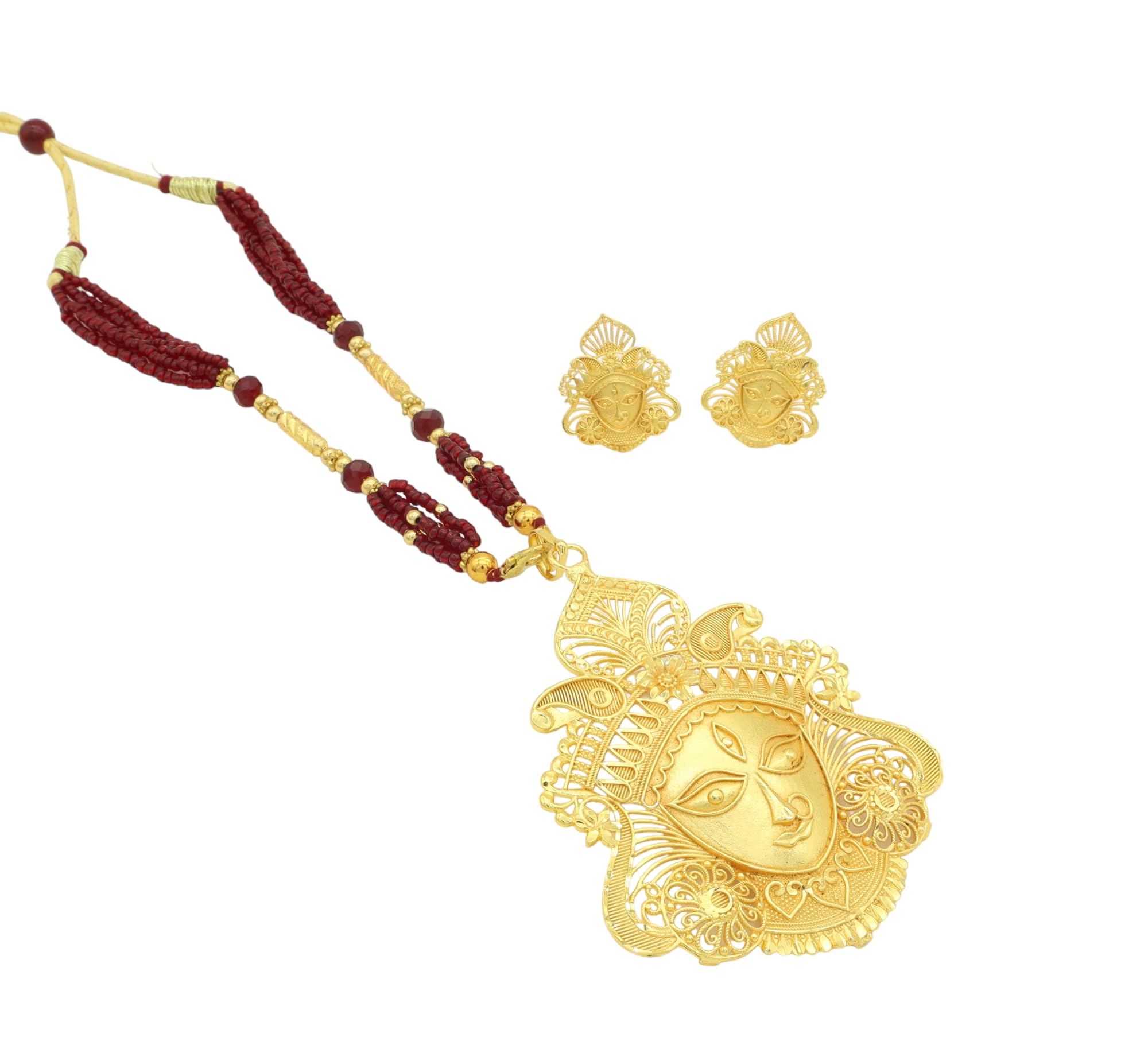 Upala Gold Plated Durga Motif Pendent With Beads Tassel For Girl's And Women