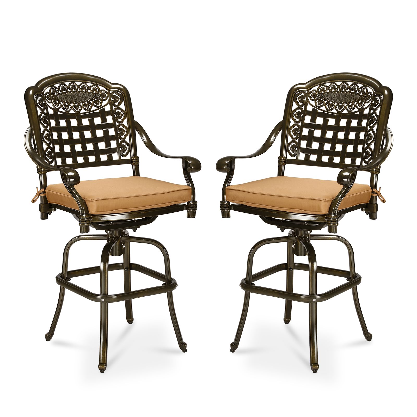 MEETWARM 2 Piece Outdoor Patio Swivel Bar Stools, All-Weather Cast Aluminum Bar Height Bistro Chairs with Cushions, Outdoor Furniture Bar Dining Chair