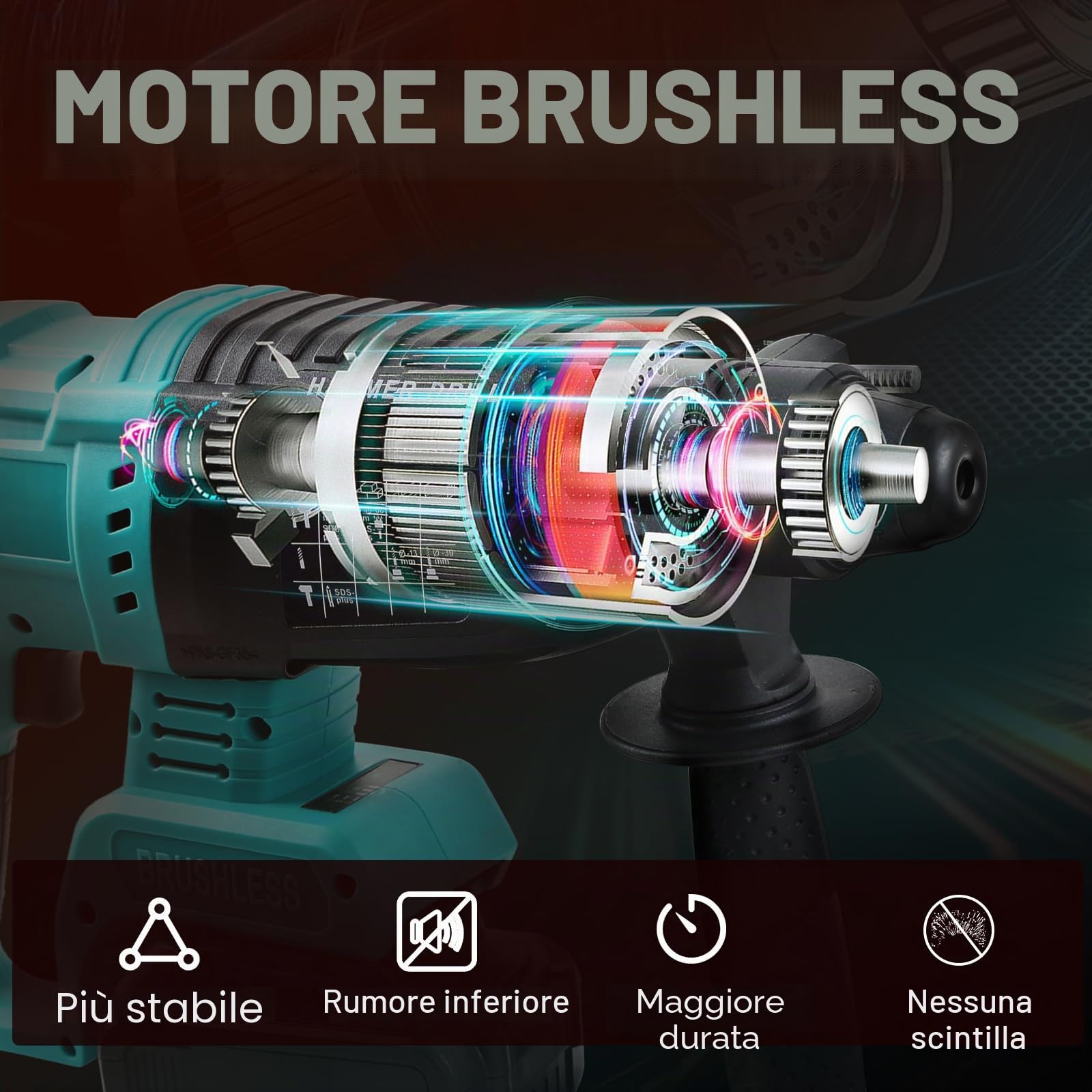 Martello Perforatore a Batteria 21V 4Ah*2 Batteria，Motor Sin Escobillas, Adatti per Cemento, Muratura, Pareti, Perforazione, Martellatura e Demolizione