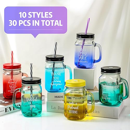 Miniatura 3 de Meanplan 30 Pcs Christmas Employee Appreciation Gift Bulk 16 oz Thank You Glass Cup with Handles Lids and Straws Mason Jar Mugs Christmas Cup for