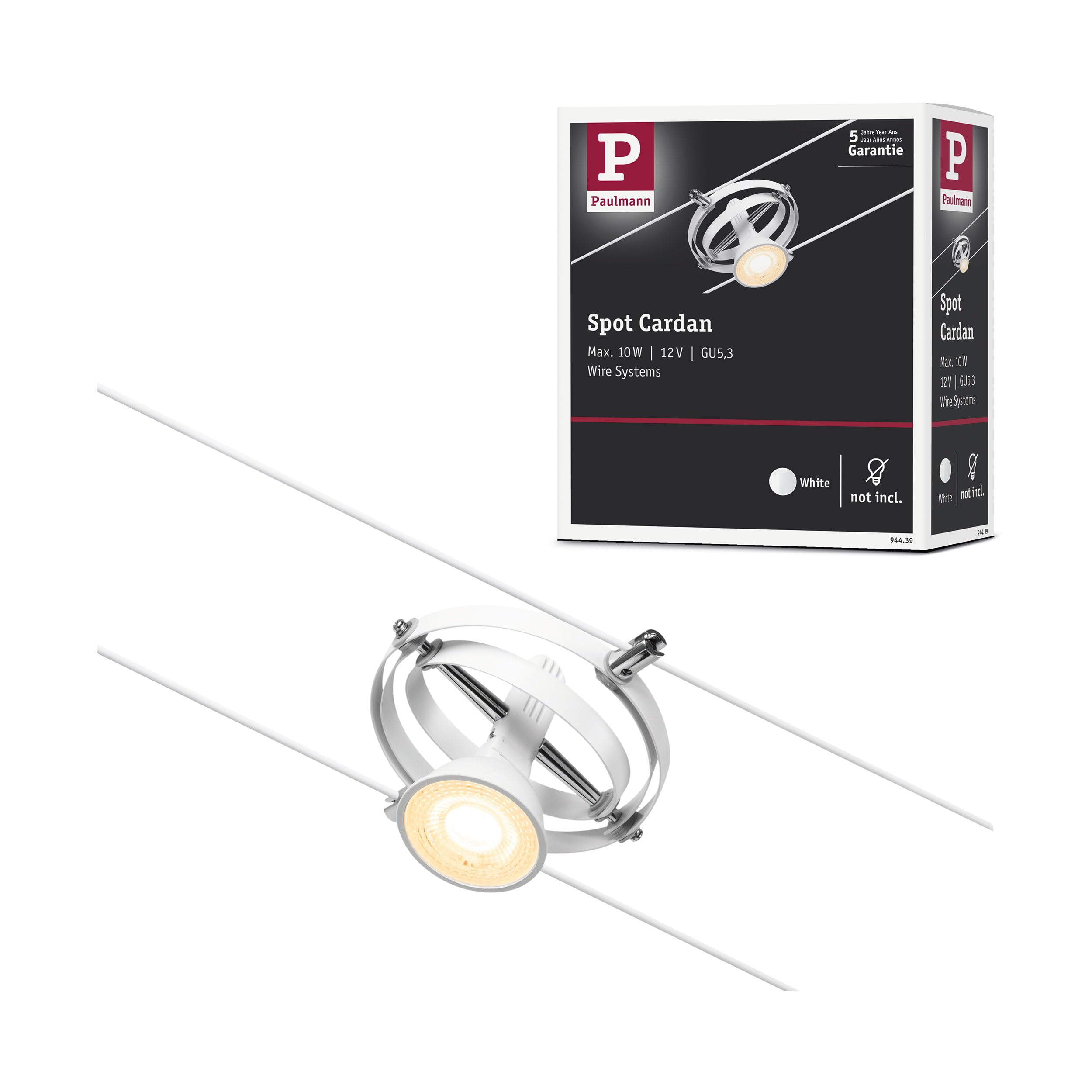 Paulmann 94439 CorDuo Spot Lighting Cardan DC, Max 10 Watt Extendable Cable Lamp Matt White Plastic GU5.3 Wire System Without Bulbs