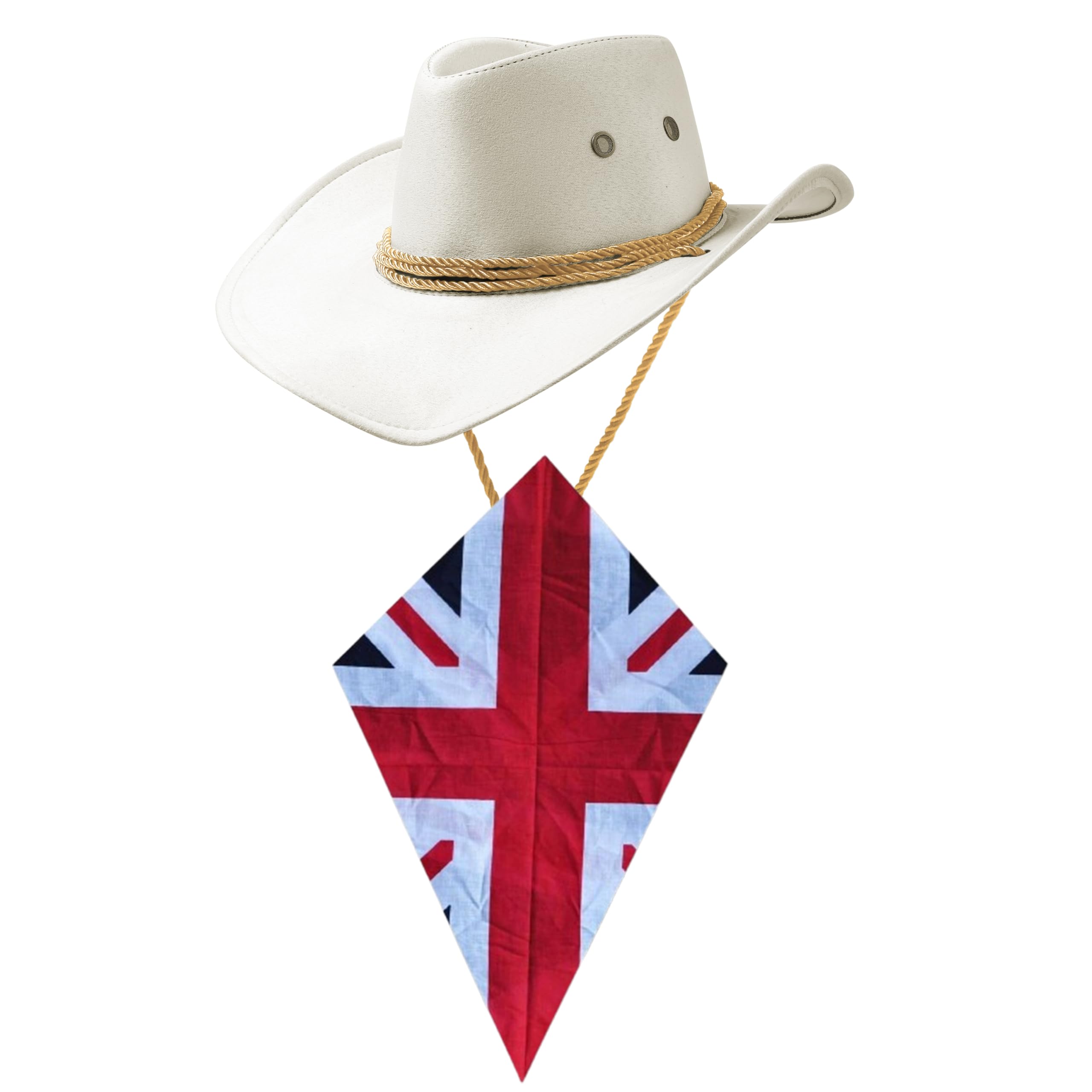 Komonee White Cowboy Hat and Union Jack Bandana Western Sun Cap Faux Felt Leather Suede Fancy Dress Party Costume Outfit Neckscarf Protection Mens Womens โ image 1