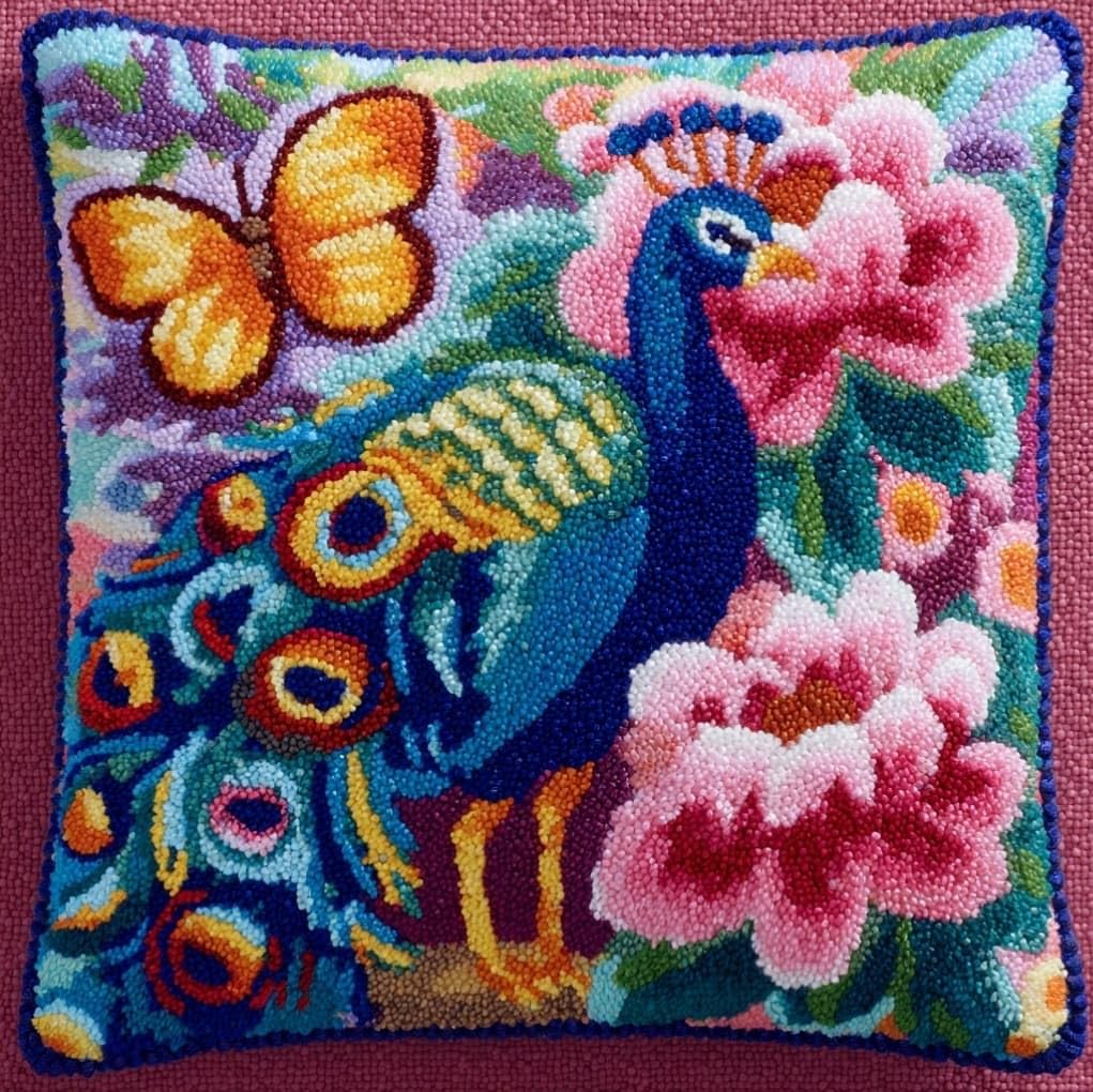 AxiangziK Latch Hook Needlecraft Pillow Kit 43x43cm,Beautiful Peacock