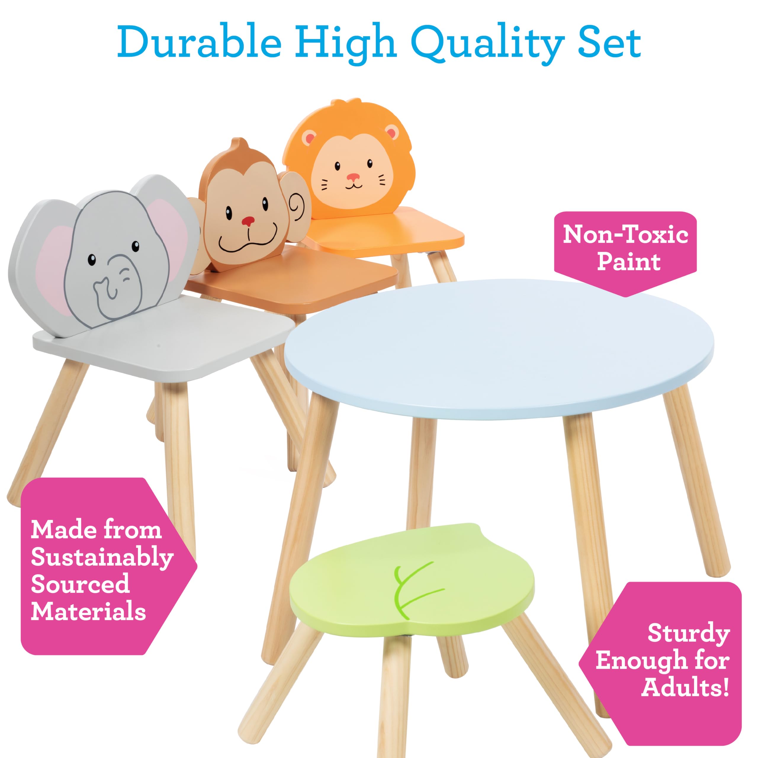 Kids Wooden Animal Table & Chair Set w 4 Seats- Monkey Lion & Elephant Plus Adult Stool for Arts Crafts, Dining, Pretend Play- Durable Playroom Furniture for Home, Daycare Classroom- Toddler Gift