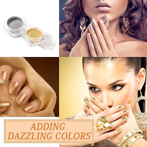 Miniatura 3 de 2 unidades de polvo de uñas cromado dorado y plateado, polvo holográfico cromado metálico para uñas, efecto de brillo, pigmento cromado, polvo