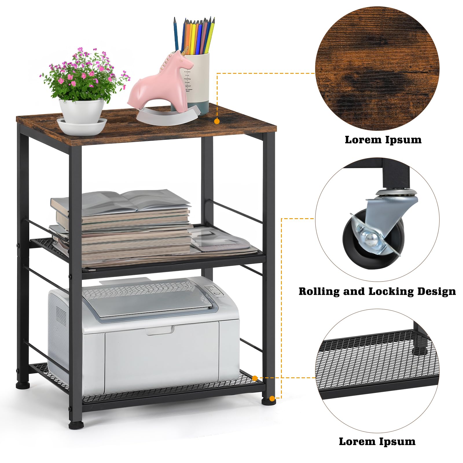 Nandae Carrello Cucina con rack di stoccaggio a 3 piani, Carrello di Servizio con ruote, ripiano in legno e telaio in metallo per Cucina e Soggiorno