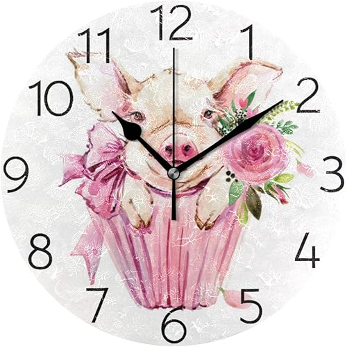 Miniatura 1 de Reloj de pared redondo silencioso de acrílico con diseño de animales de cerdo lindo de acuarela, funciona con pilas, creativo y decorativo para