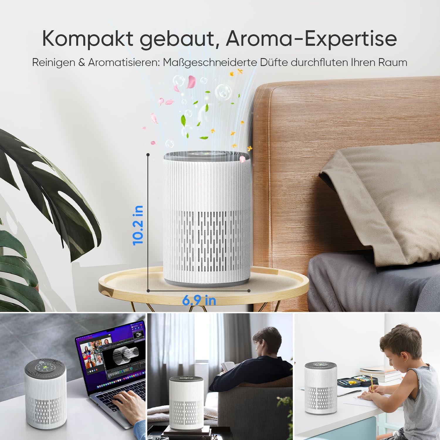 DAYETTE air purifier shown in various settings: on a nightstand, next to a laptop, on a sofa table, and on a child's desk, highlighting its compact size and versatility.