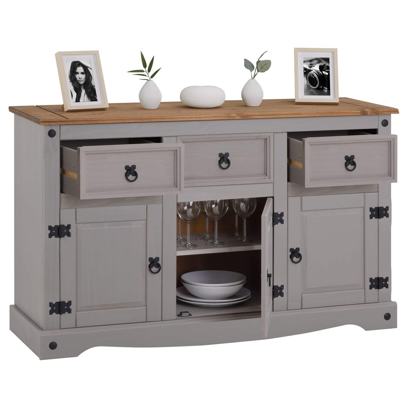 CARO-Möbel Sideboard Ramon Landhausstil Kommode Kiefer massiv grau lasiert mit 3 Schubladen und 3 Türen