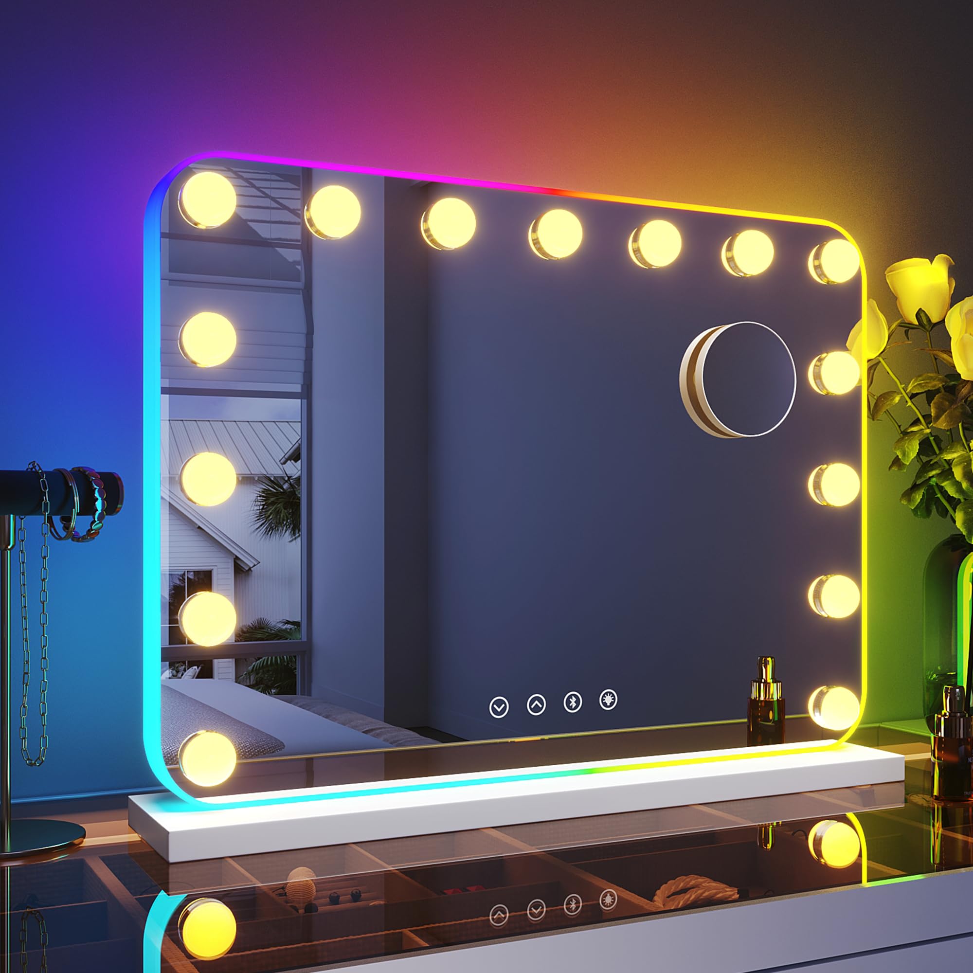 58x43cm Hollywood Spiegel mit RGB Beleuchtung Schminkspiegel mit 3 Farbtemperatur Licht und 10X Abnehmbare Lupe, Bluetooth, Wandmontiert oder Freistehend
