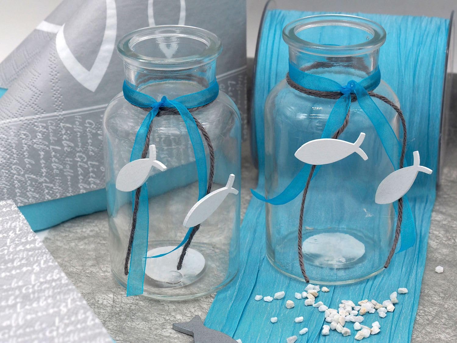 ZauberDeko Tischdeko Kommunion Konfirmation Türkis Blau Silber Grau Weiß Fisch Set 20 Personen