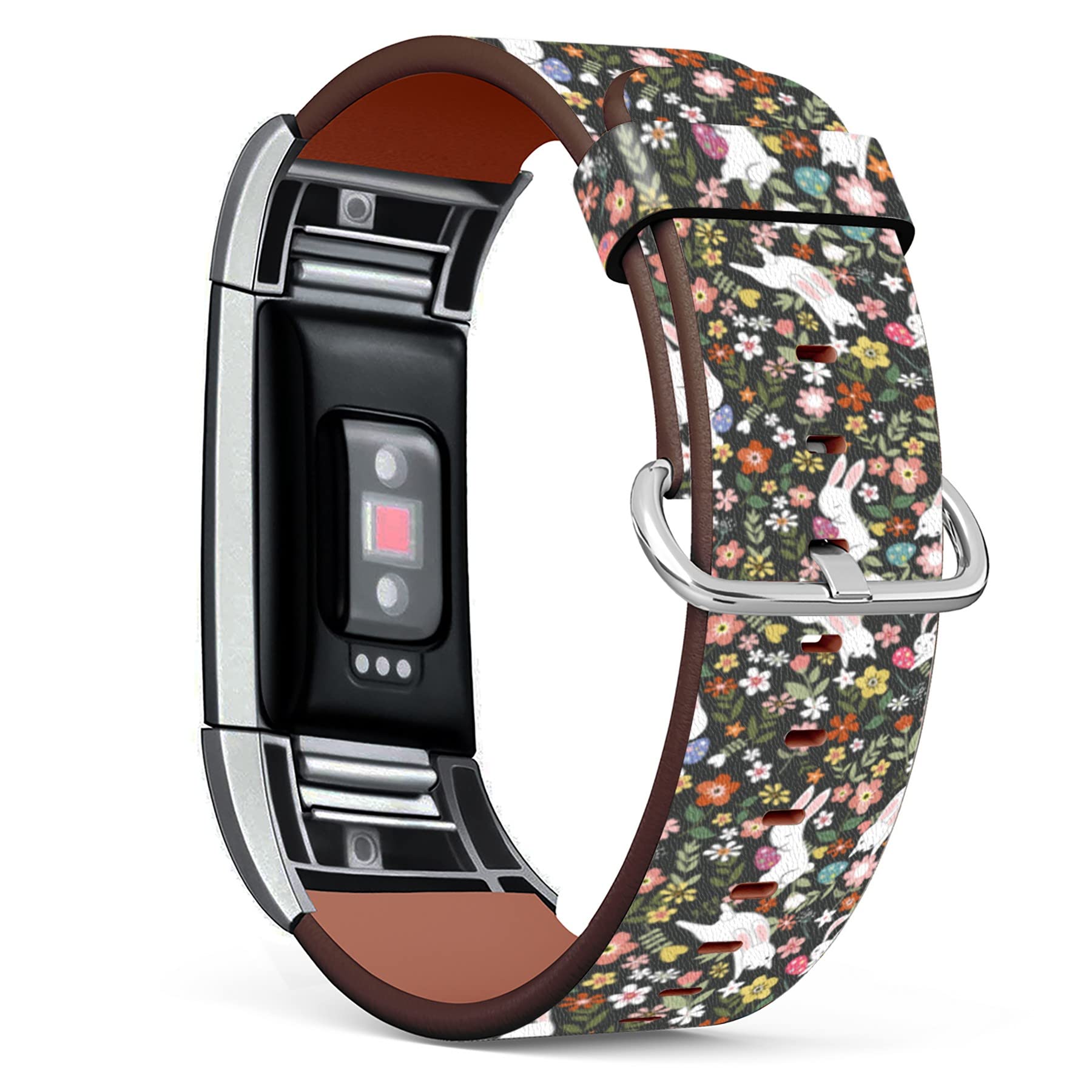 Compatible with Fitbit Charge 2 , Patterned Leather Replacement Band (Rabbit Bunny Floral Background)