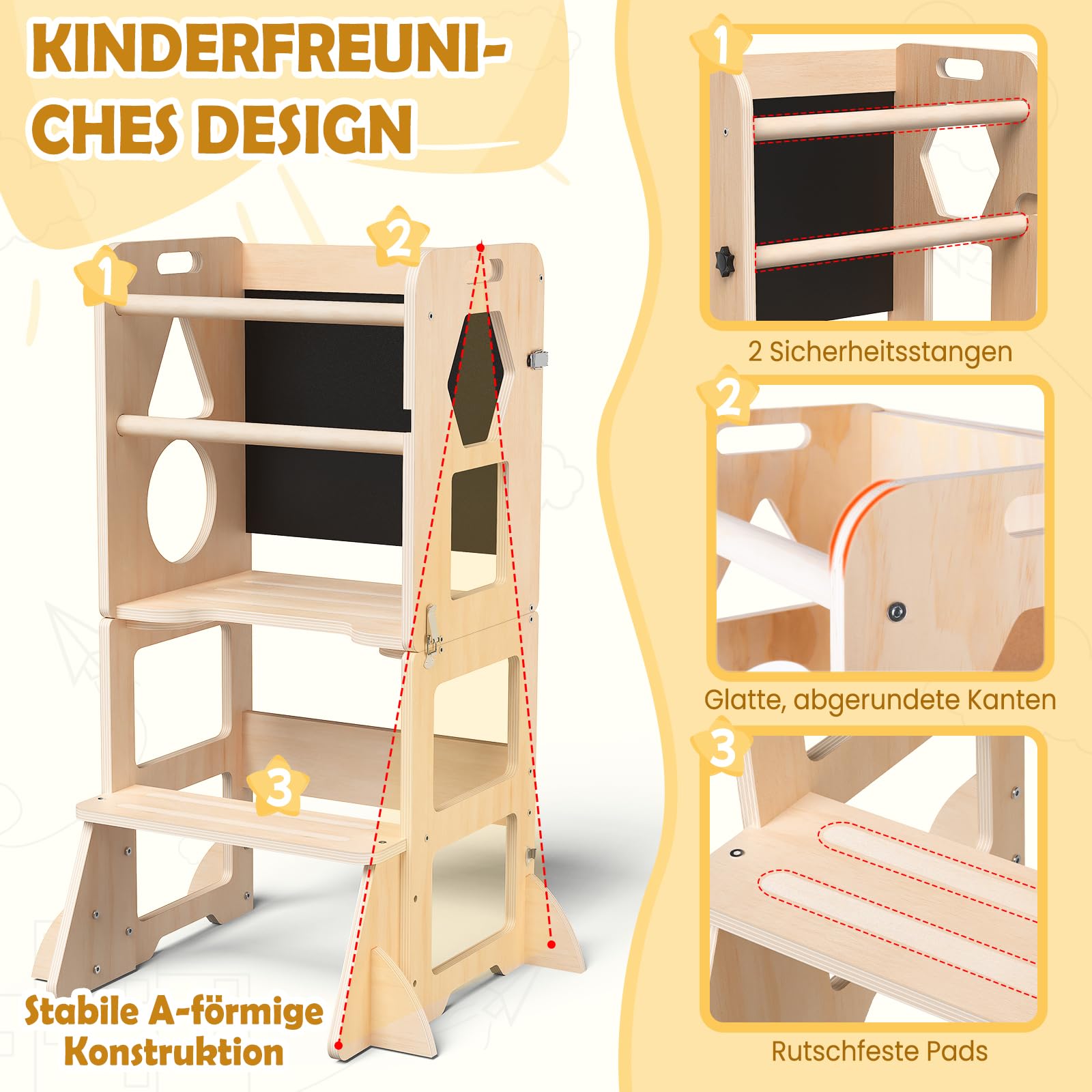 Woodure Lernturm ab 1 Jahr | 3 in 1 Learning Tower für Kinder | Klappbare Tritthocker mit Tafel | Lernturm Für Kinder, für Küche Tisch Bad