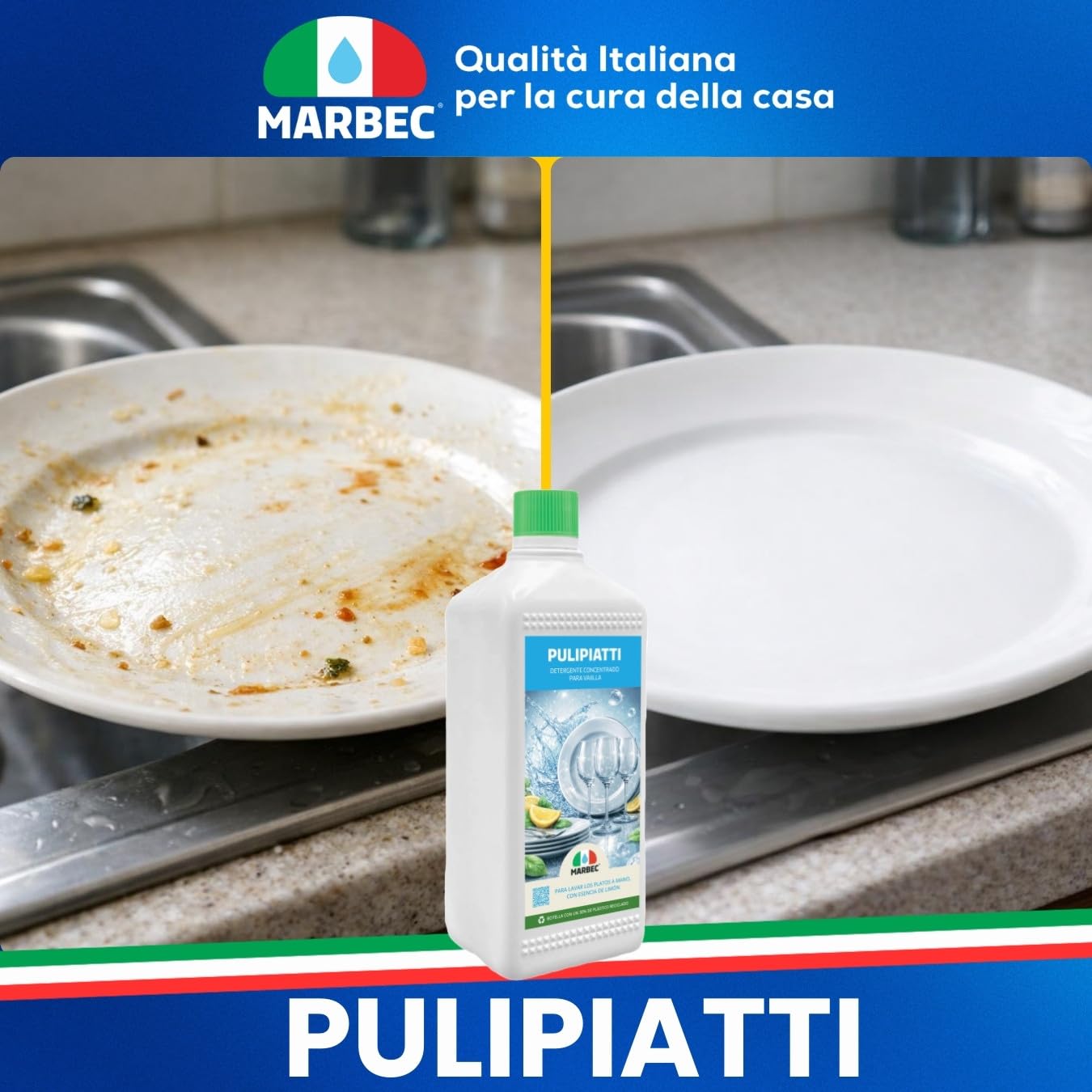 MARBEC PULIPIATTI 5LTx4UDS Detergente para platos concentrado, desengrasante eficaz en agua fría, enjuague rápido, fragancia de limón.