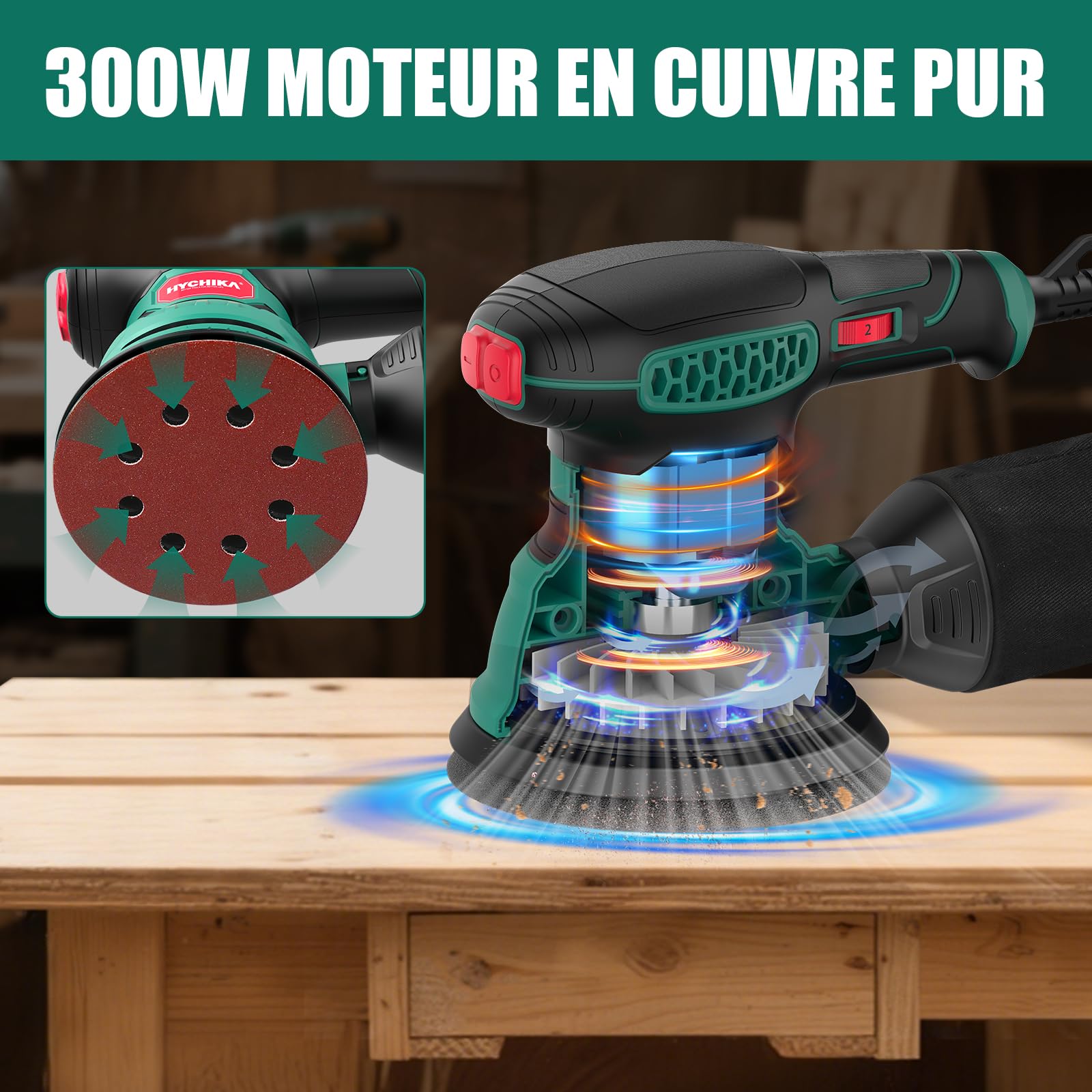 HYCHIKA Ponceuse Excentrique, 300W 12000 OPM Ponceuse Orbitale, 6 Vitesses, 16 Pièces Disque Abrasif 125mm, Dispositif de Dépoussiérage et Fonction de Freinage Rapide, Pour Poncer et Polir le Bois