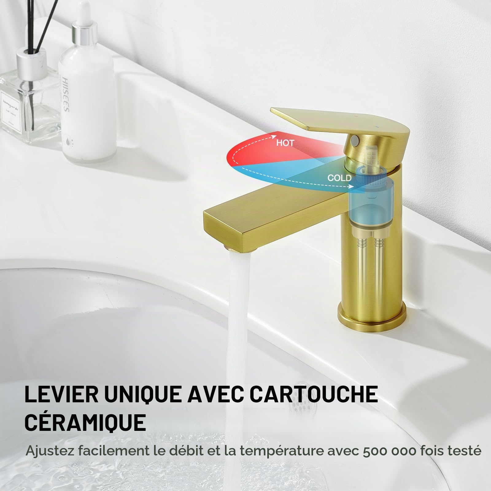 Robinet de Lavabo pour Salle de Bain Rectangulaire avec Pop-up Vidage, Mitigeur Monocommande Monotrou, doré