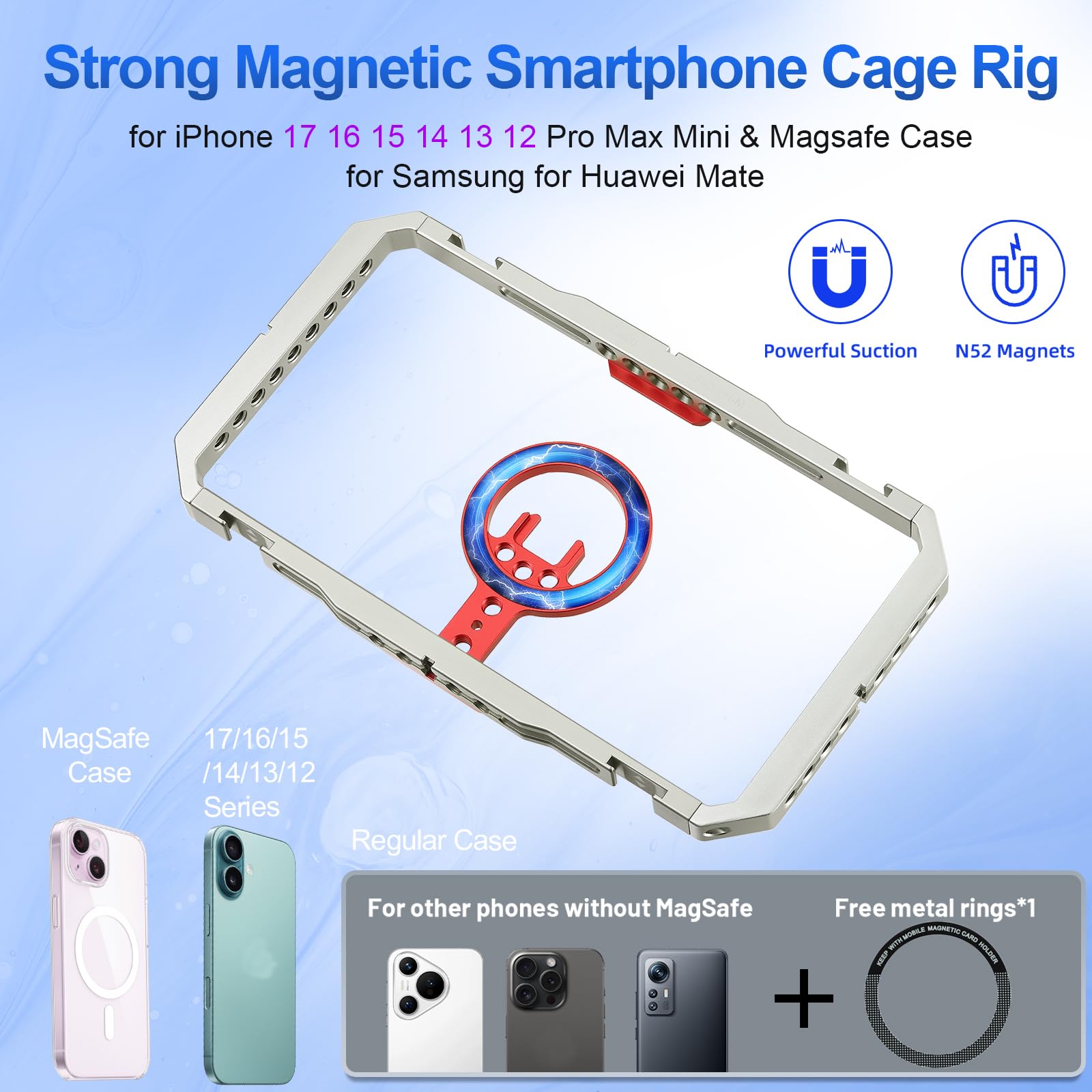 Leftfoto Supporto magnetico in metallo per smartphone con doppia maniglia per iPhone 17 16 15 14 13 12 Pro Max Mini e custodia per Samsung, per vlogging/riprese video