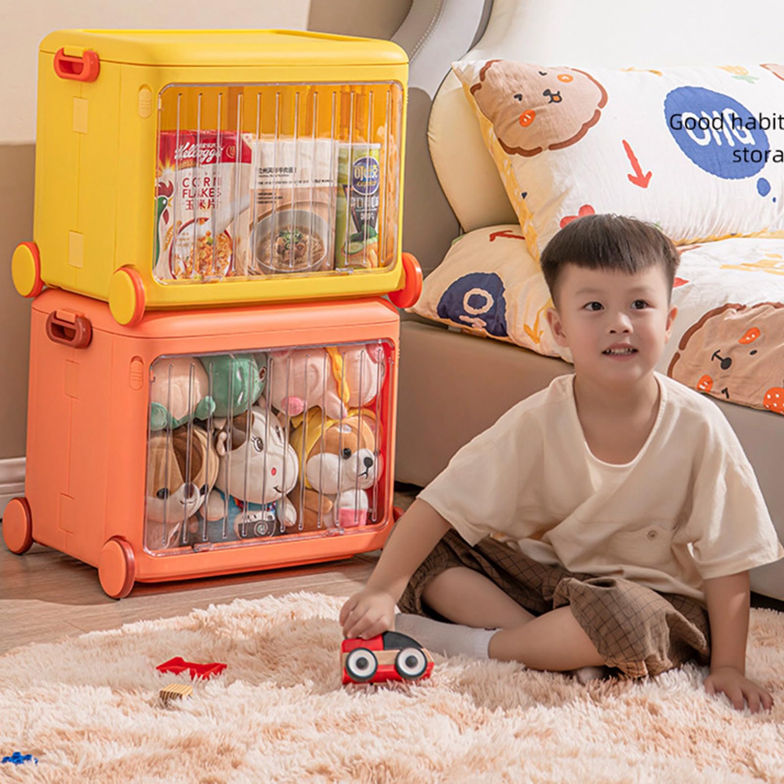 Fdit Kids Foldable Stackable Storage Bins with Handle and Wheels, Transparent Visible Plastic Organizers for Toys, Books, Snacks (Orange)