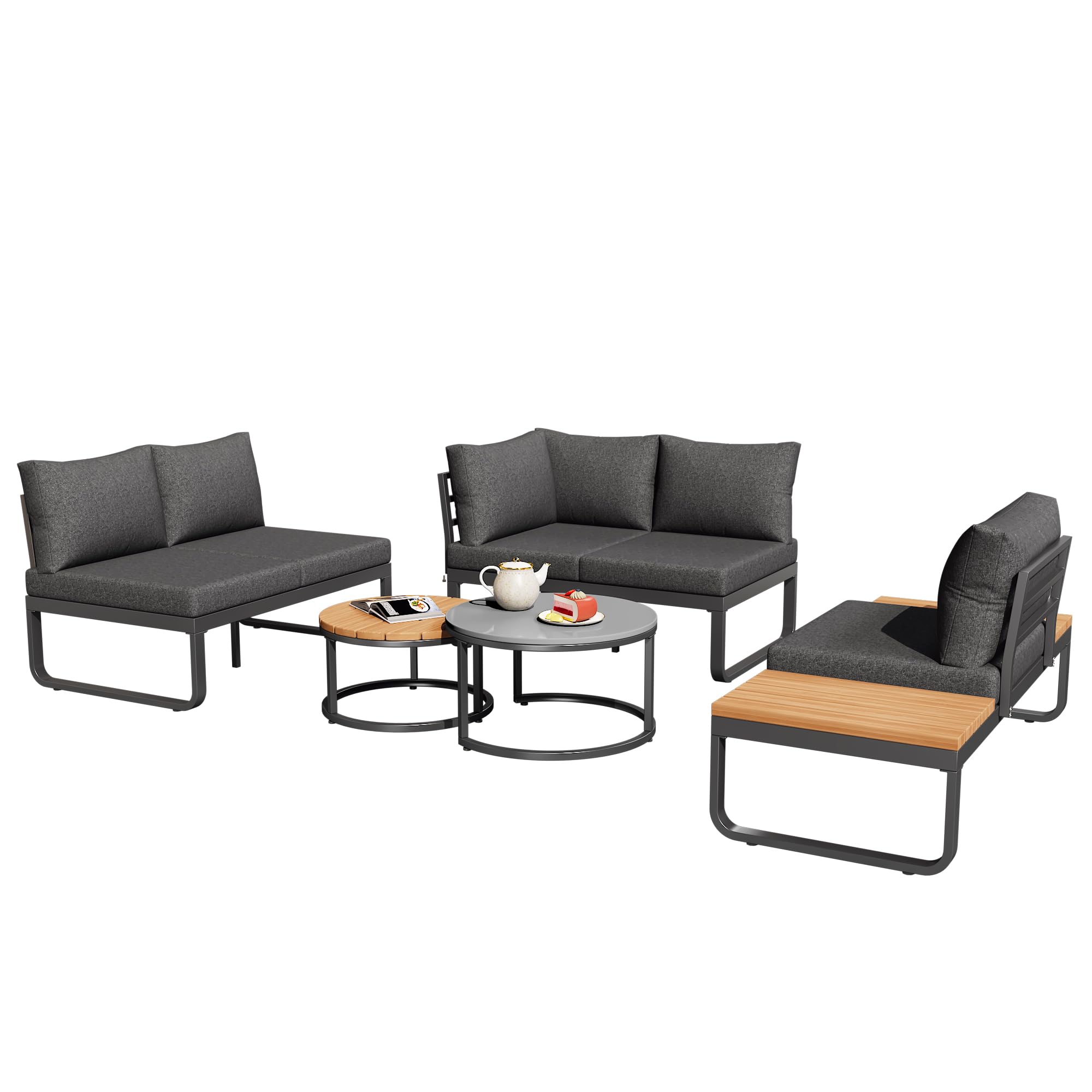 Muebles Jardin Exterior de 5 Piezas con 2 Mesas y Cojín Suave, Sofa Terraza Exterior para 4-5 Personas, Conjunto Jardin Exterior con Patas Ajustables y Mesita Auxiliar, Estructura Metal, Gris