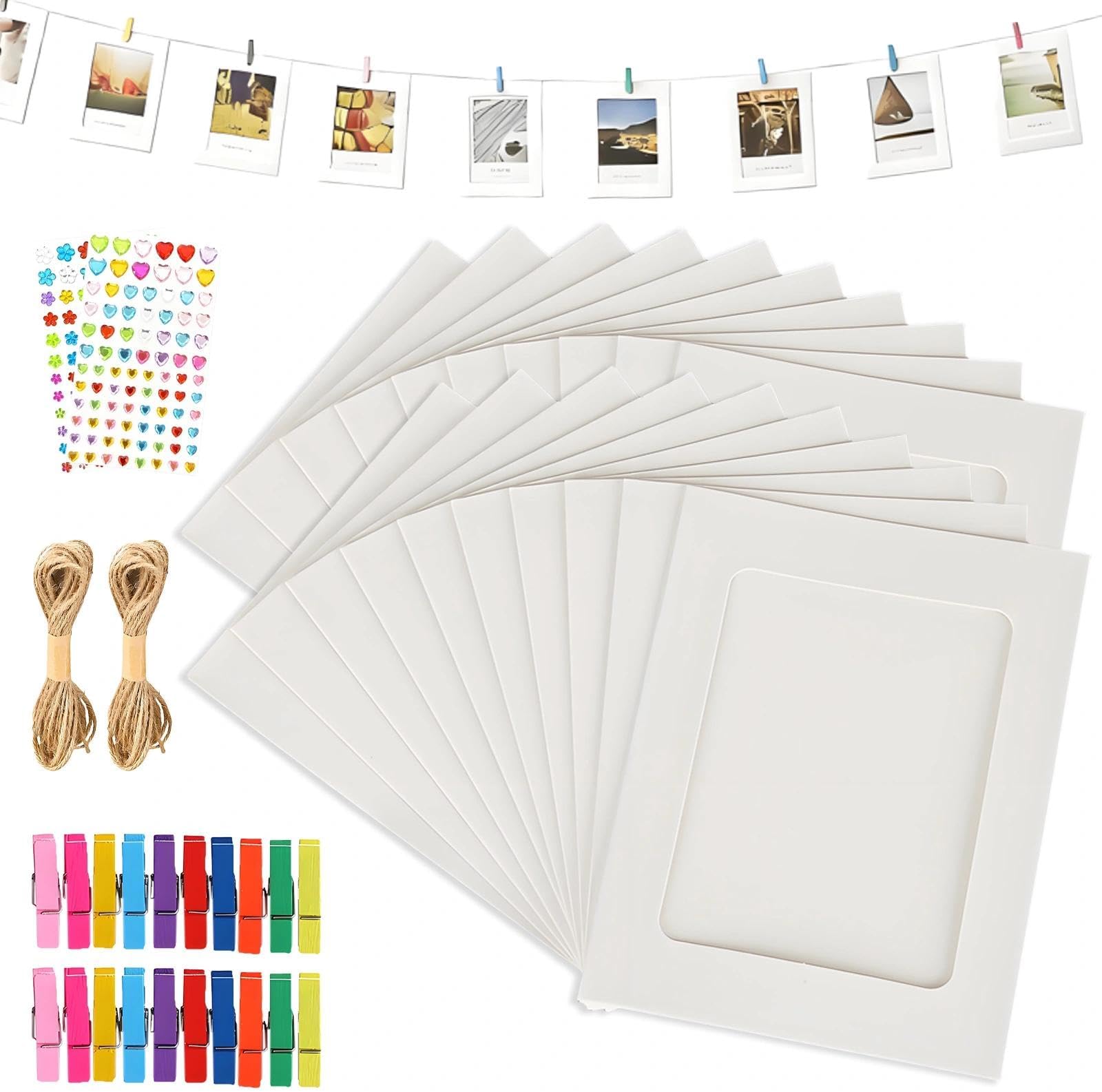 20 Pack White Paper Photo Frames, White Home Decor, Hanging Paper Picture Frames, with Wooden Colorful Clips and String, for Home Wall Decor