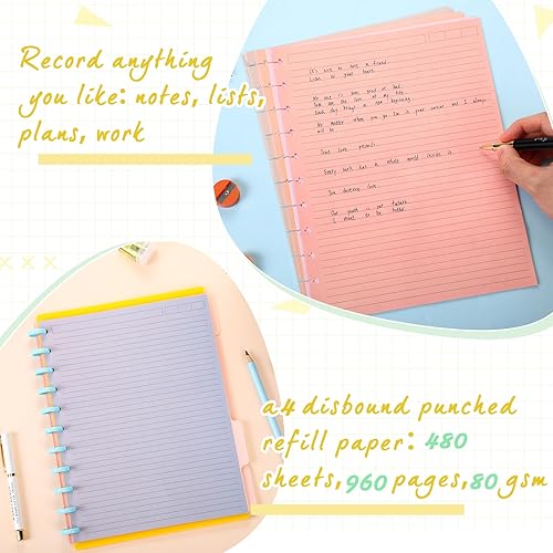 Miniatura 5 de PerKoop Paquete de 12 480 hojas de papel de repuesto de color de 8.5 x 11 pulgadas, rayas universitarias, 11 discos, tamaño carta, papel rayado,