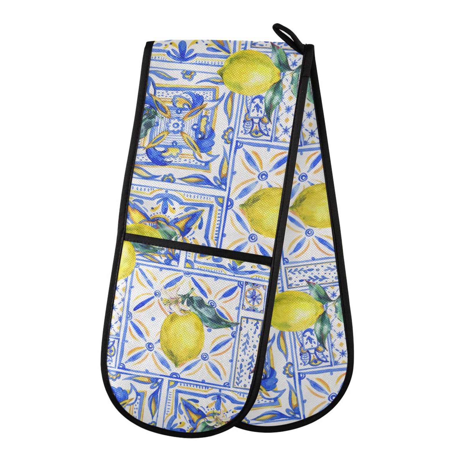 Oven Gloves Double Oven Gloves Yellow Lemon Fruit Blue Print Oven Mitts Pot Holder Heat Resistant Quilted for BBQ Baking Kitchen Cooking Gloves