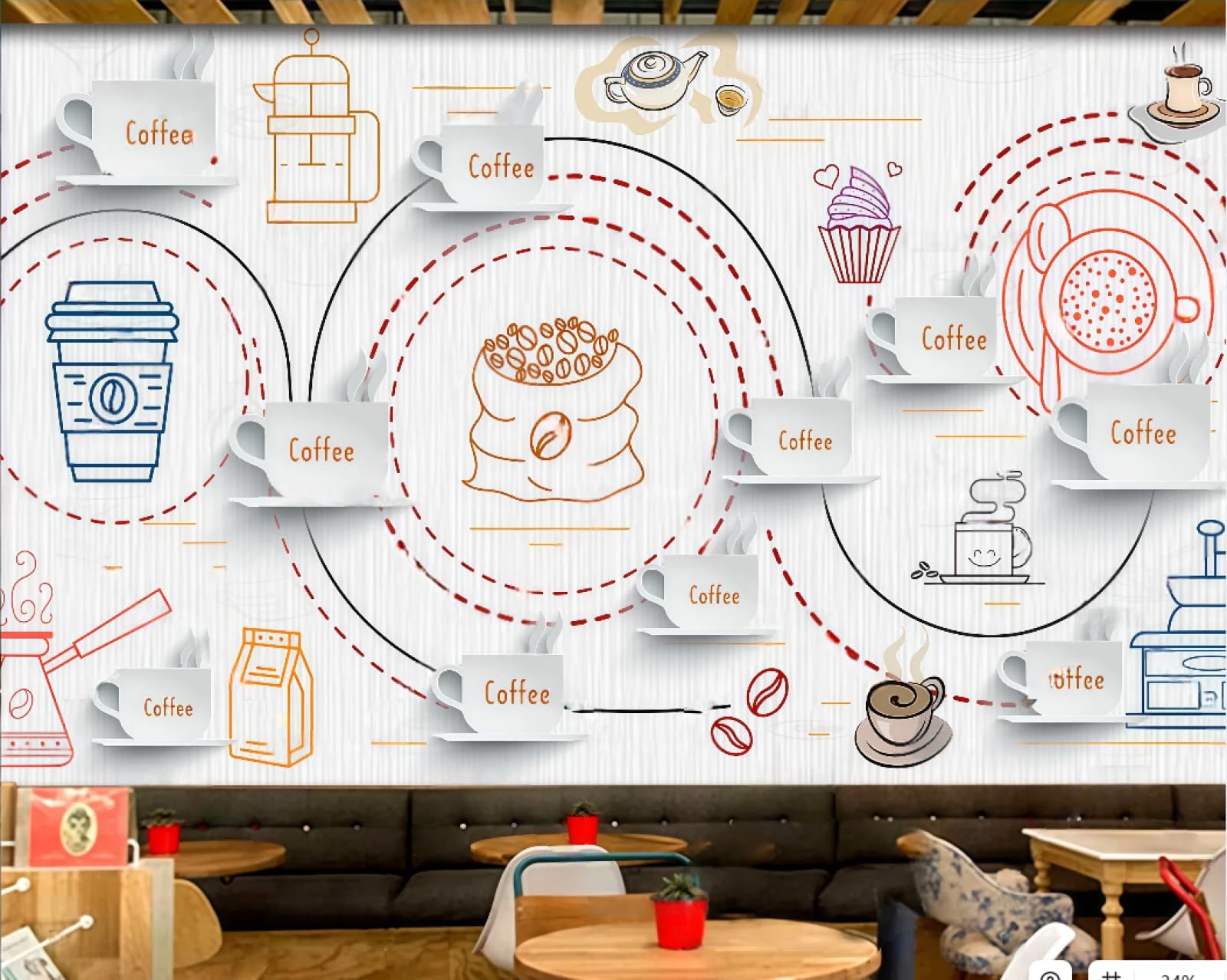 Tapeta Ręcznie Malowana Kawa Litery Drewna Ziarna Popołudniowa Herbata Casual Sklep Słodycze Tło Ściana Zachodnia Restauracja Tapeta Kawa Mural, 3D, 300 x 210 Cm