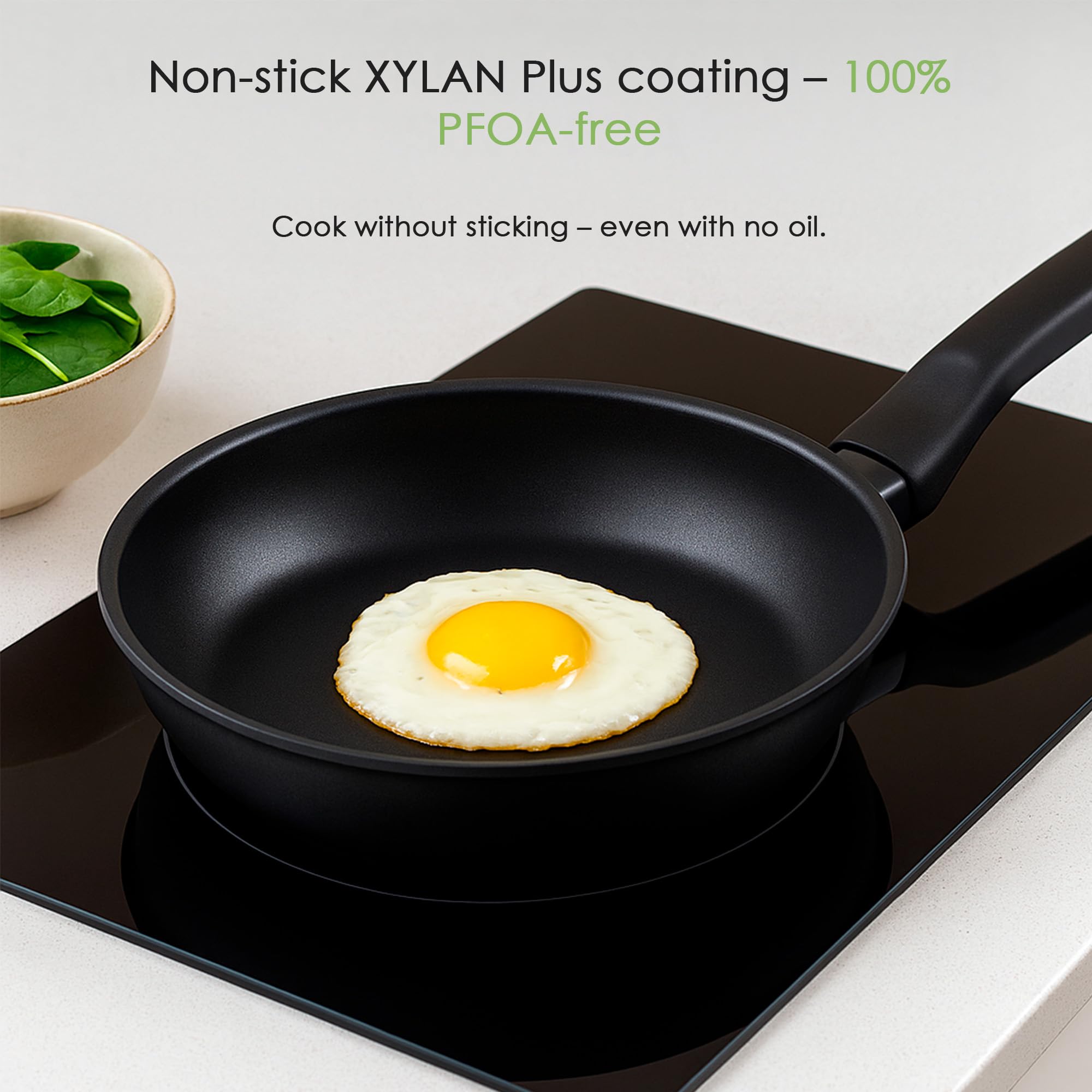 Wecook! Ecogreen Juego de Sartenes Antiadherentes Set de 3 sartenes 20-24-28 cm de Aluminio Prensado – Apta para todas las cocinas Inducción, Gas y Vitrocerámica, libre PFOA, Mango Soft Touch, Negro