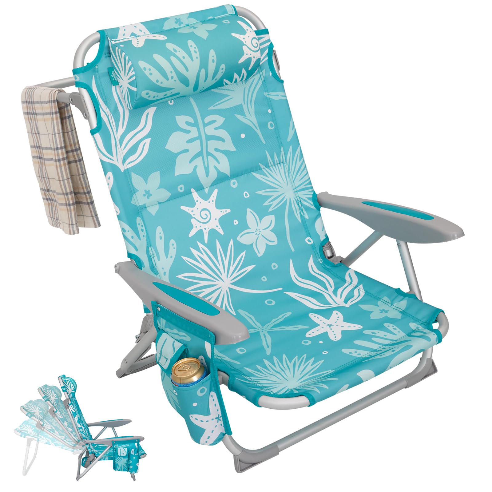#WEJOY Folding Beach Chair for Adults, 4-Position Aluminum Lightweight Beach Chair, Low Beach Chairs with Shoulder Strap, Cup Holder and Padded Headrest, Supports 265lbs for Beach Lawn, Cyan/White