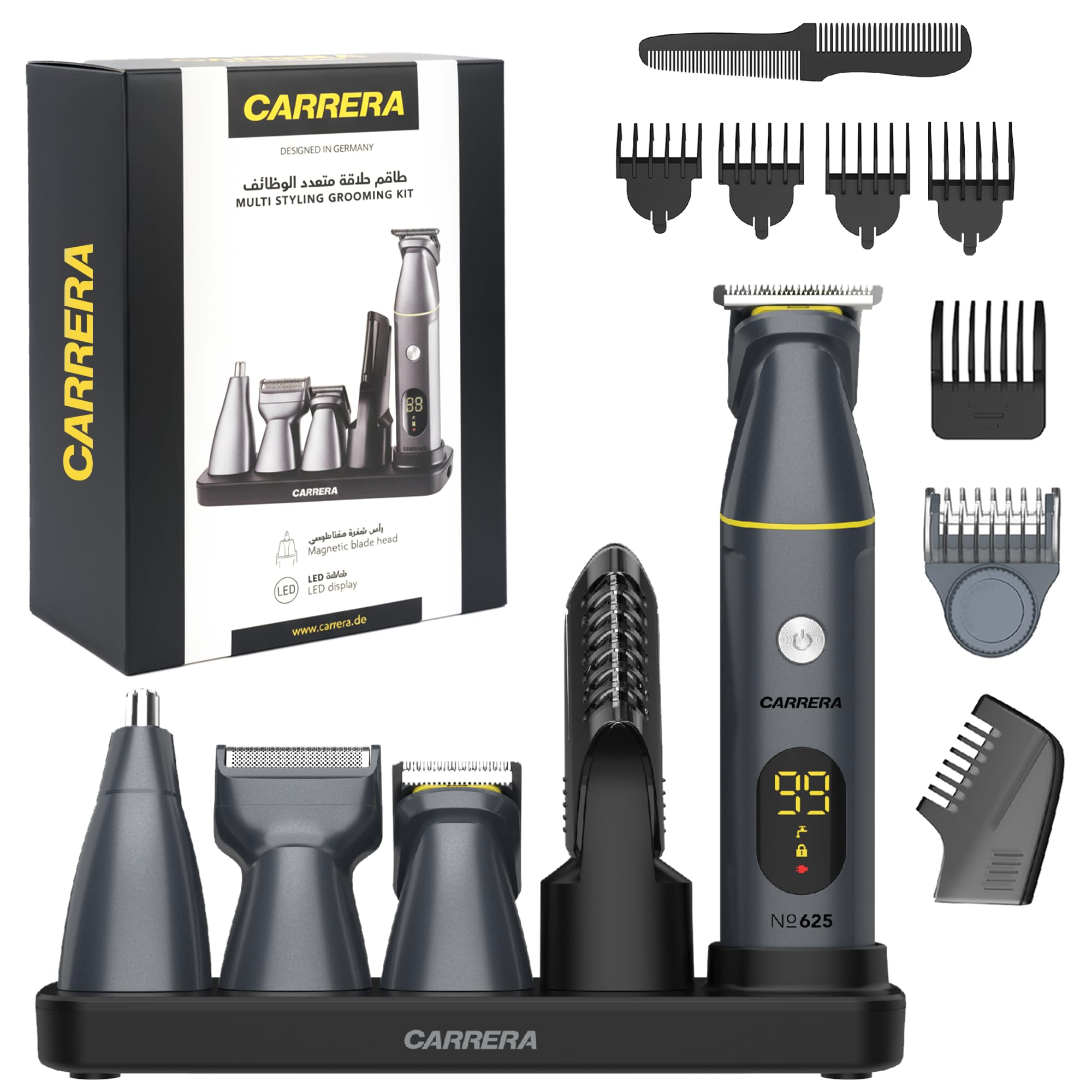 – CARRERA CRR625 All-in-1 Trimmer for Men | Cordless Beard, Hair & Body Grooming Kit, Stainless Steel Blades, IPX6 Waterproof, USB Rechargeable, LED Display, 5-Min Boost, Multi Attachments, Gift for Men